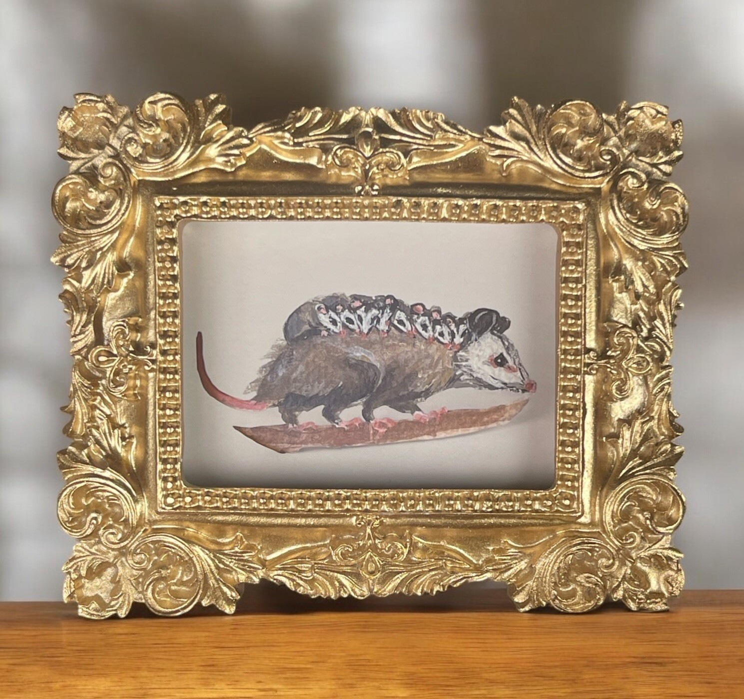 Opossum Family mini art watercolor print in gold vintage style ornate frame