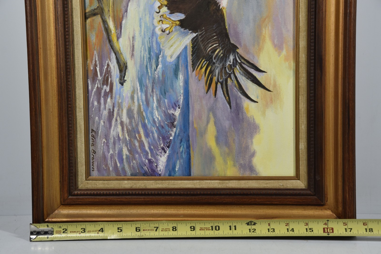 Vintage Bald Eagle Flying by Ocean Beach House Seascape Bird Original Art Framed