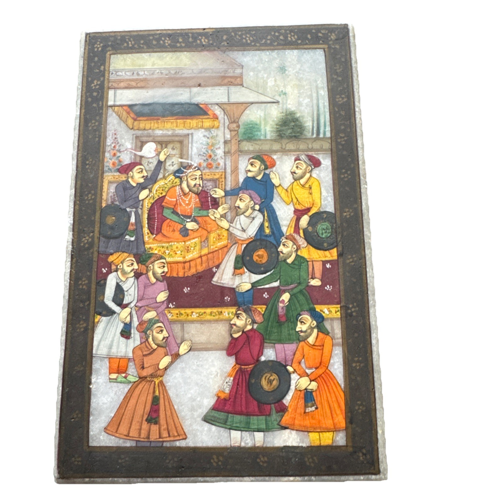Vintage Painting Indian Mughal Miniature 6×4! Gold-Raised-Border-On White Stone!