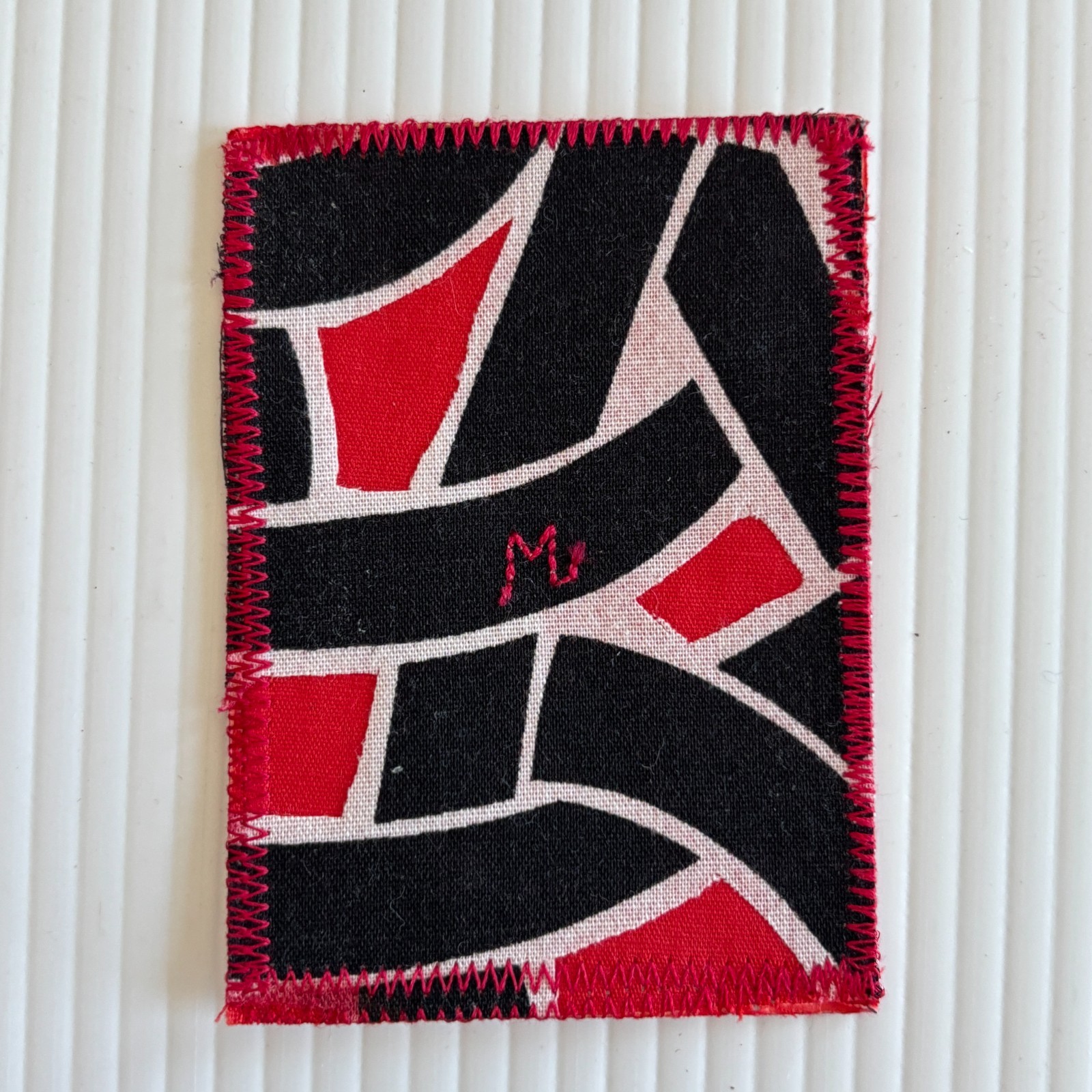 ACEO Original Art Quilt Embroidery Red Black Why Geometric Letter M