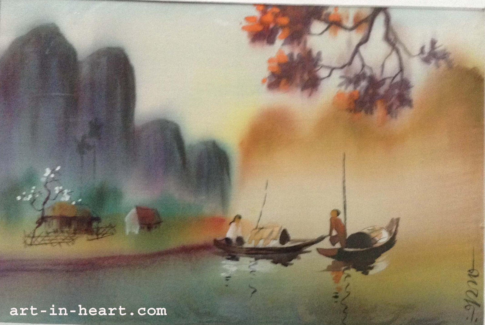 Peace Vietnam artist silk painting landscape 10.2 x 15.3 in