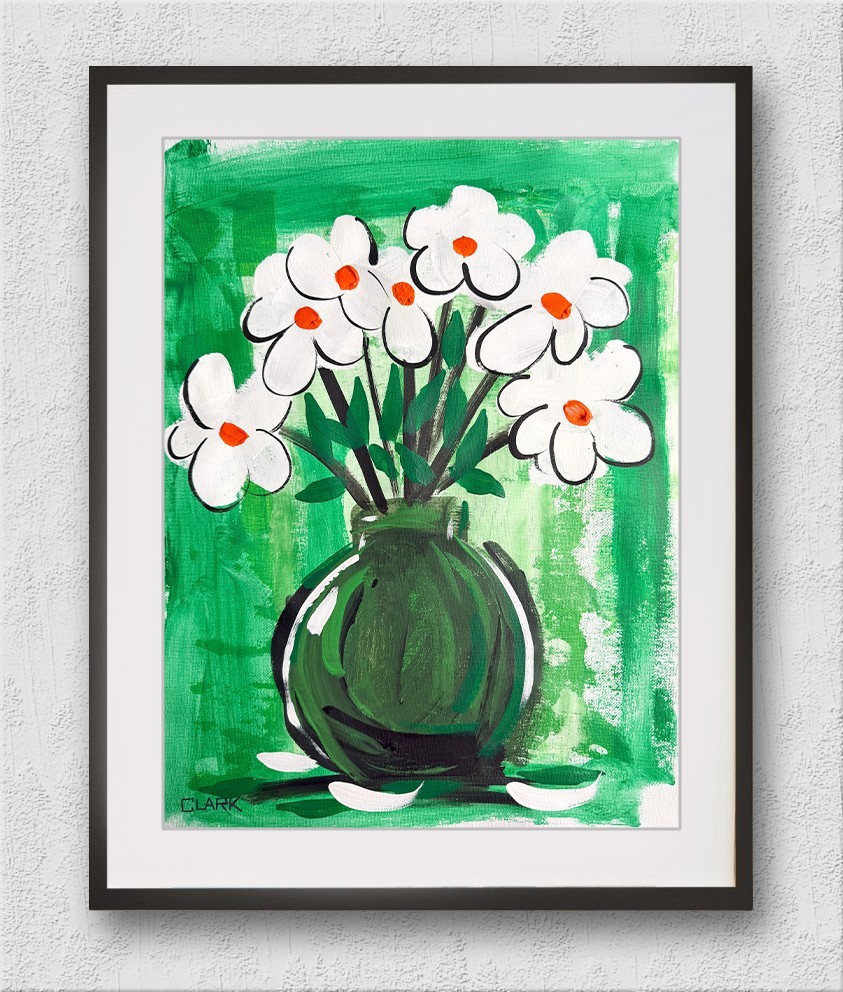 Original «White & Green Flowers – Set 4″ – Acrylic Painting 16×12» Canvas Paper