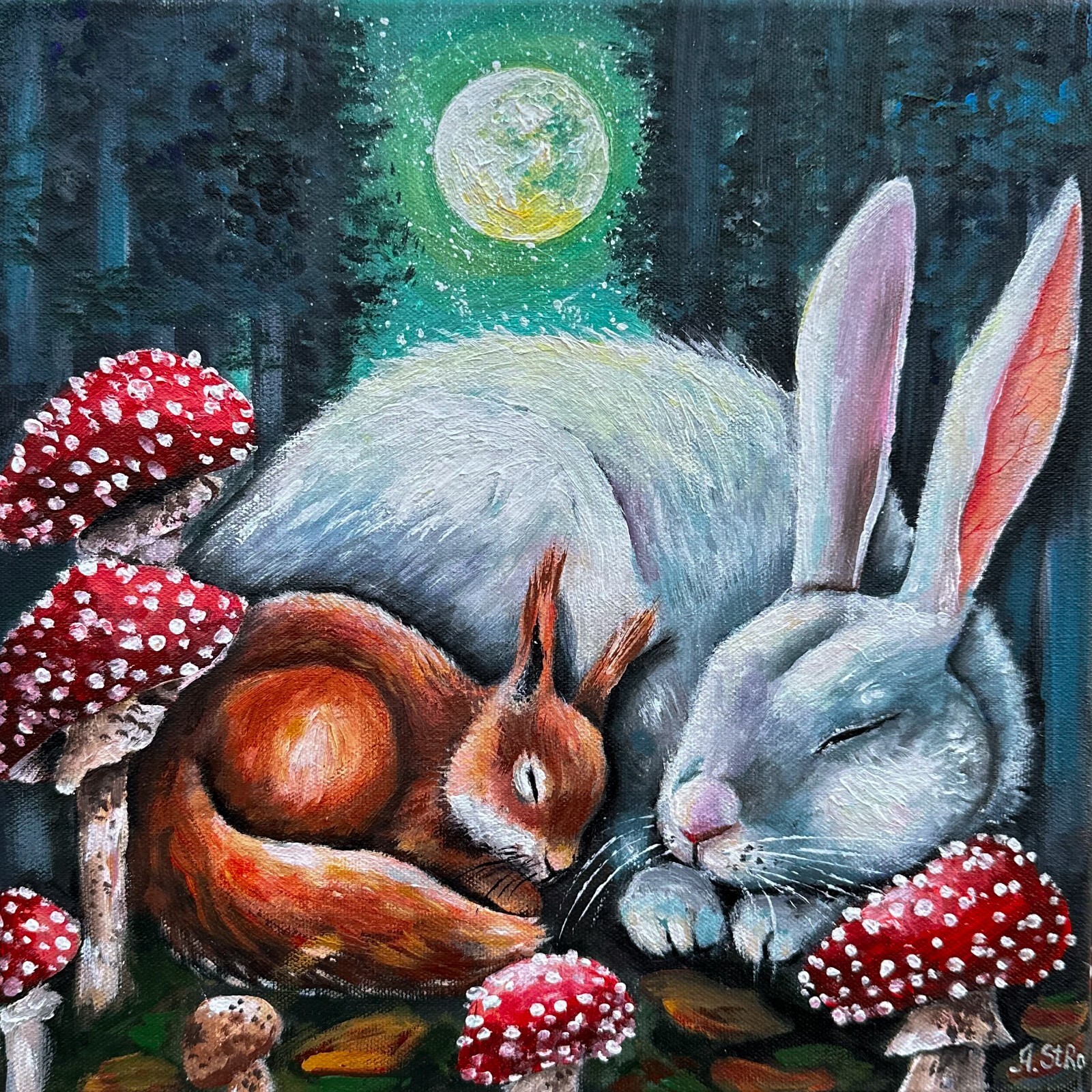 Rabbit and Squirrel original canvas painting, Bunny art, Whimsical forest art