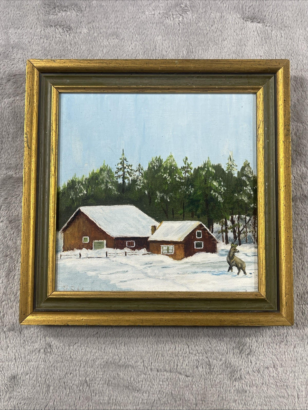 Original Oil Painting Rustic Country Barn Winter Landscape Framed 8.75”x8.75”