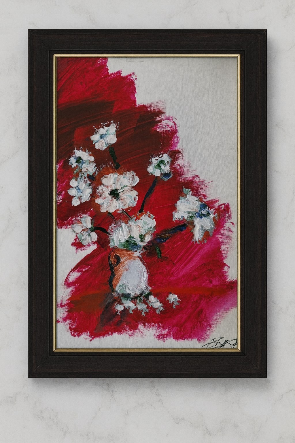 Original Floral Vase Painting 9×12 Acrylic Canvas Still Life Blue& Brown Bouquet