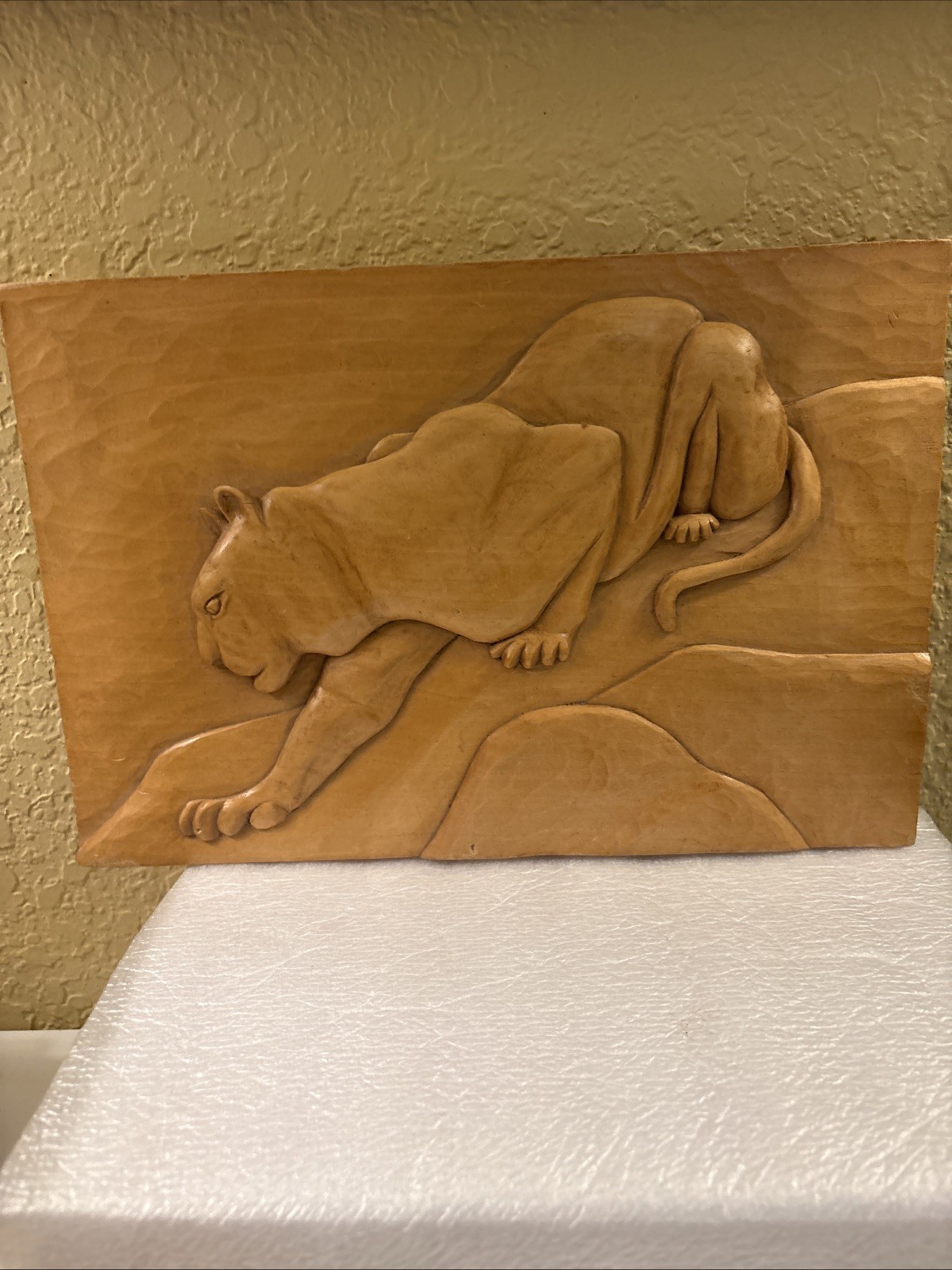 Cougar Lion Relief Art: Stained Custom Carved Wood Hand Crafted 12×8” (ofc