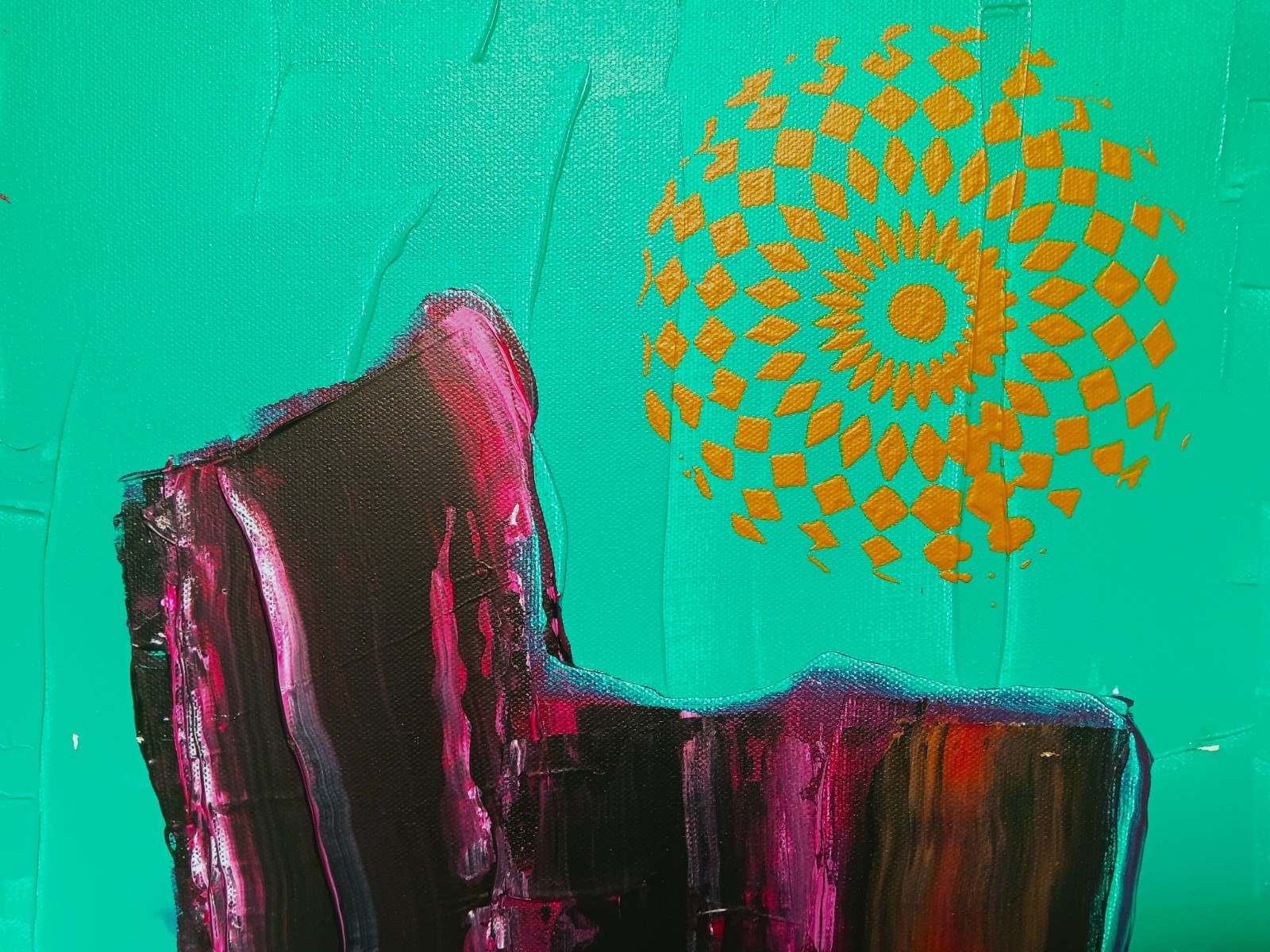Small abstract original black turquoise blue pink red ochre «Fajada Butte»