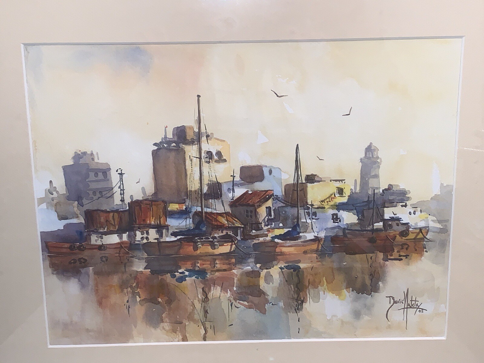 Vtg ‘02 Original Boat Watercolor Signed Framed Artist Daniel Arteta 20.75”X17”