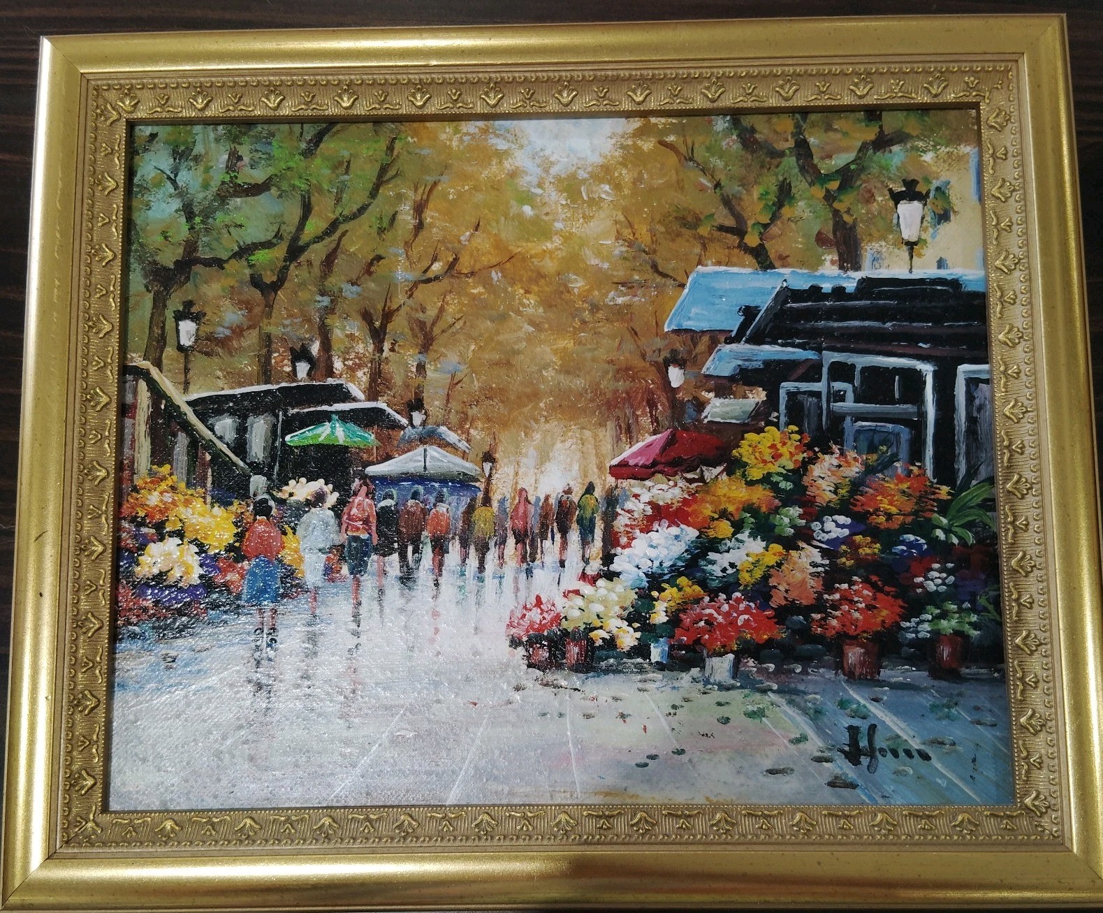 Paris France Flower Market Street Scene Oil Painting 12-1/2 By 10-1/2
