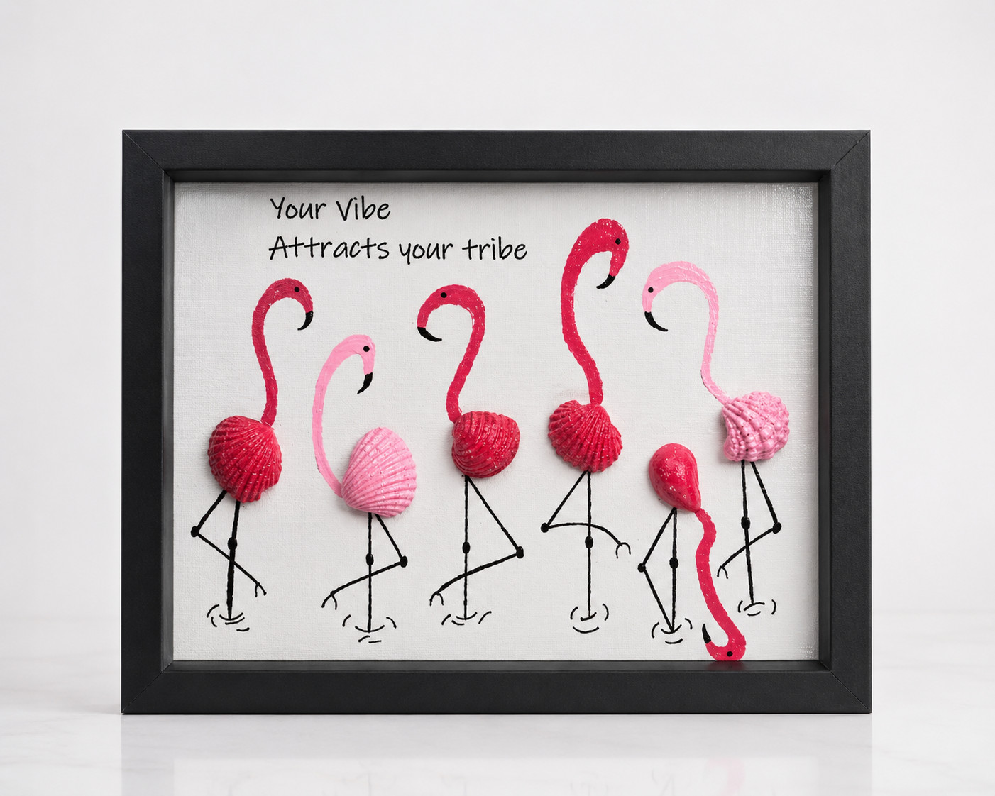 HANDMADE FLAMINGO ART- «Your Vibe Attracts Your Tribe»- Sea Shells in Shadow Box
