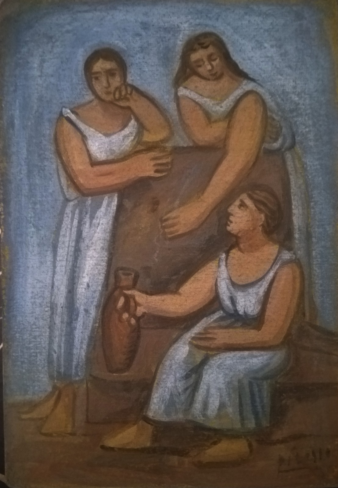 Three Women at the Spring Picasso Expressionism Style Painting on Cardboard