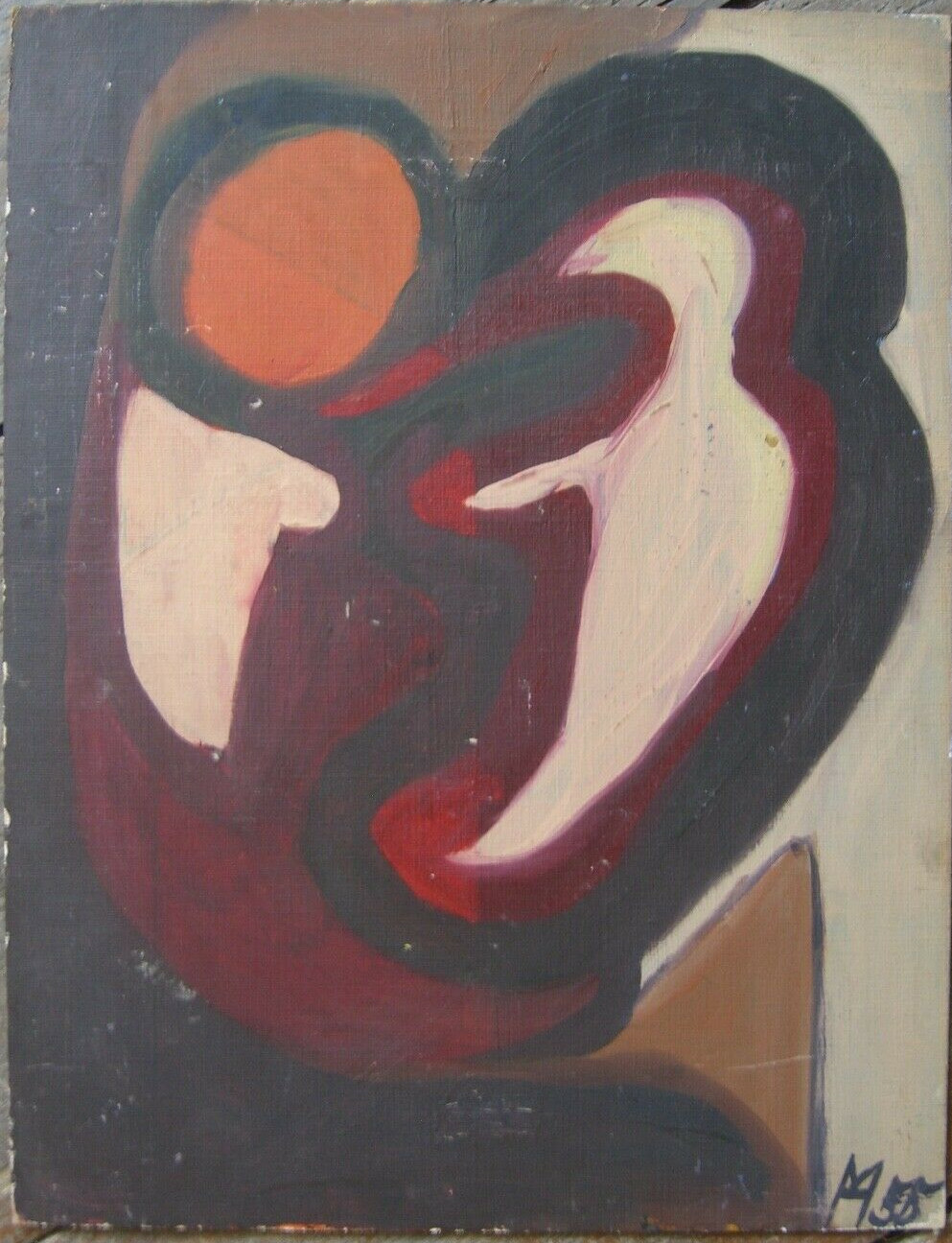 Monogr. Abstract Figures Entwined Circle Bird Red Orange Brown Antique