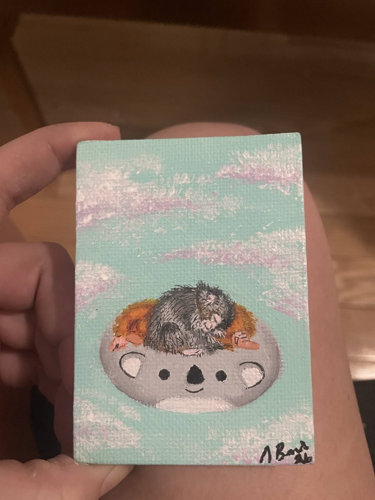 Miniature Acrylic Painting Punch the Monkey on a Koala on Canvas Signed