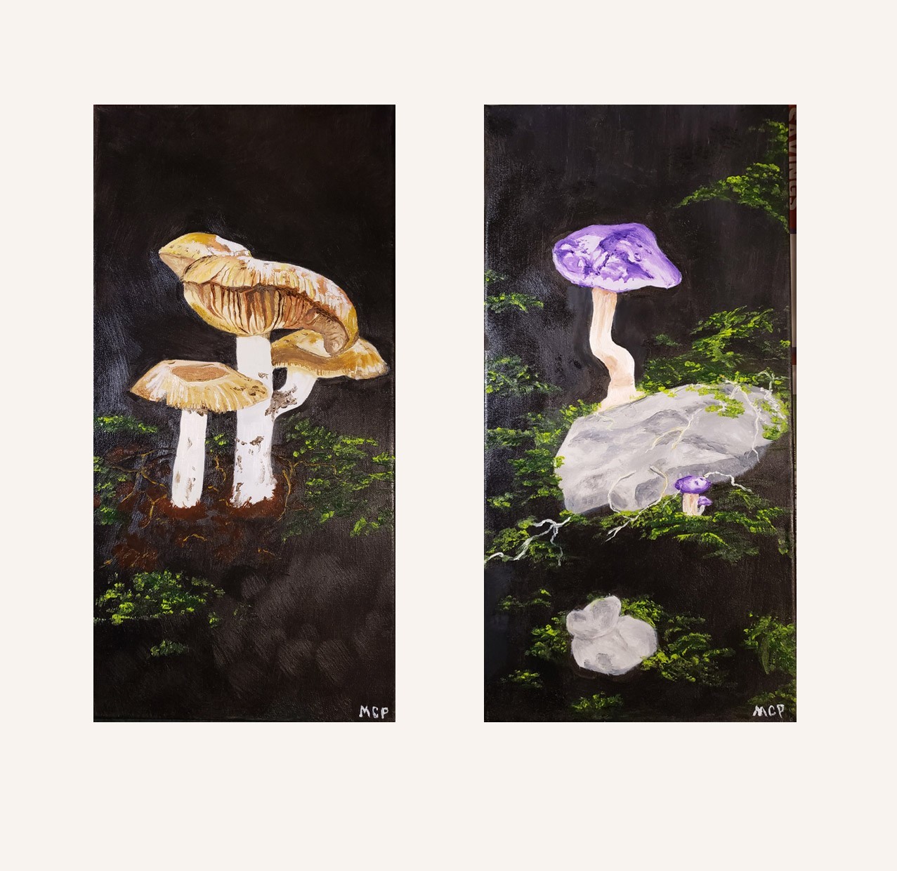 Set of 2 Original Oil Painting Mushrooms Landscape 10″ x 20″ Signed MCP