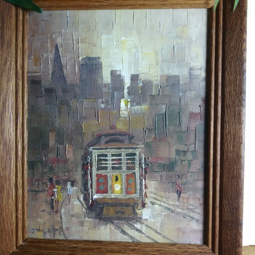 Abstract Cityscape Trolley Brown Tone Impasto Oil Painting 10×12 Framed Signed