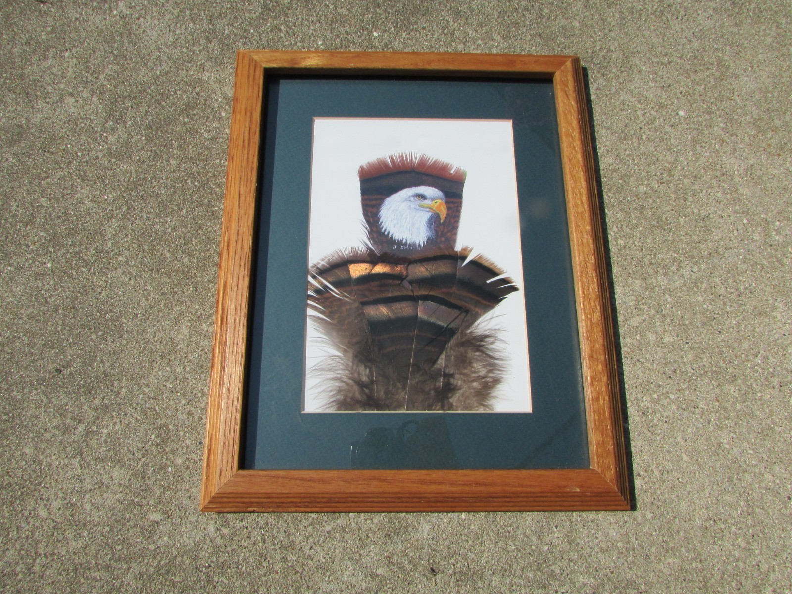 J. Smith Painted Eagle Head On Feather Framed Original Art Green Matt 10″- 12.5″