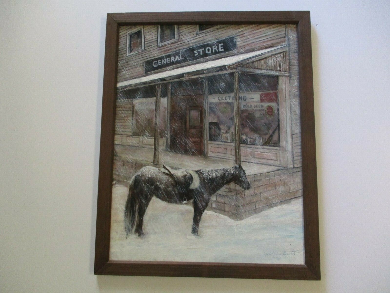 VINTAGE OIL PAINTING AMERICAN REGIONALISM WESTERN GENERAL STORE WINTER HORSE