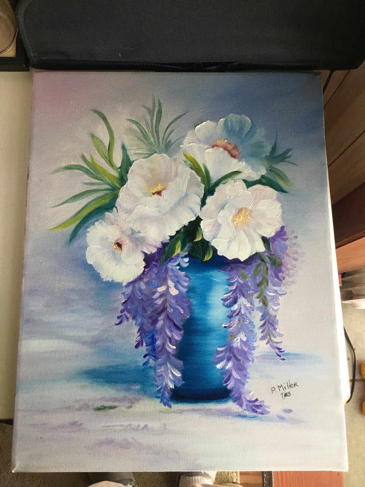 Original Acrylic Painting on Canvas White and Purple Flowers Signed P Miller