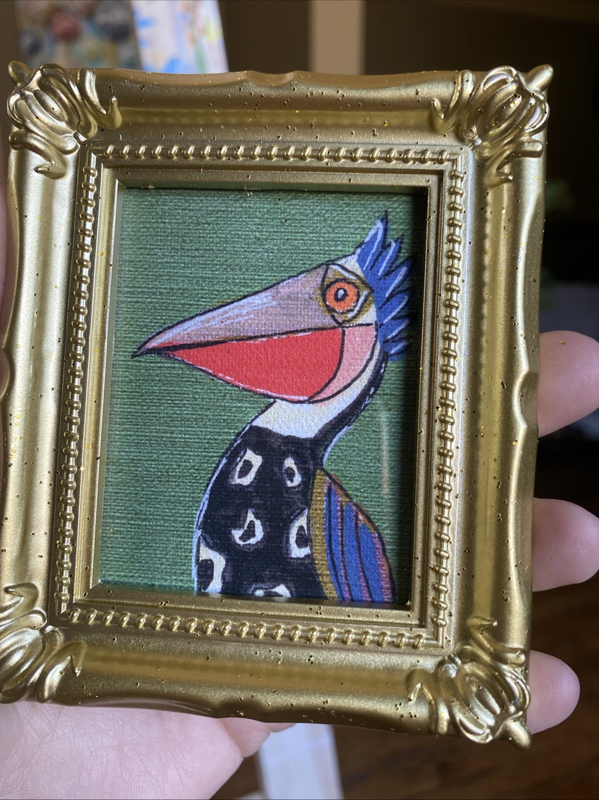 PRINT Whimsical Pelican Cute,funny, Painting,framed,miniature,small,mini