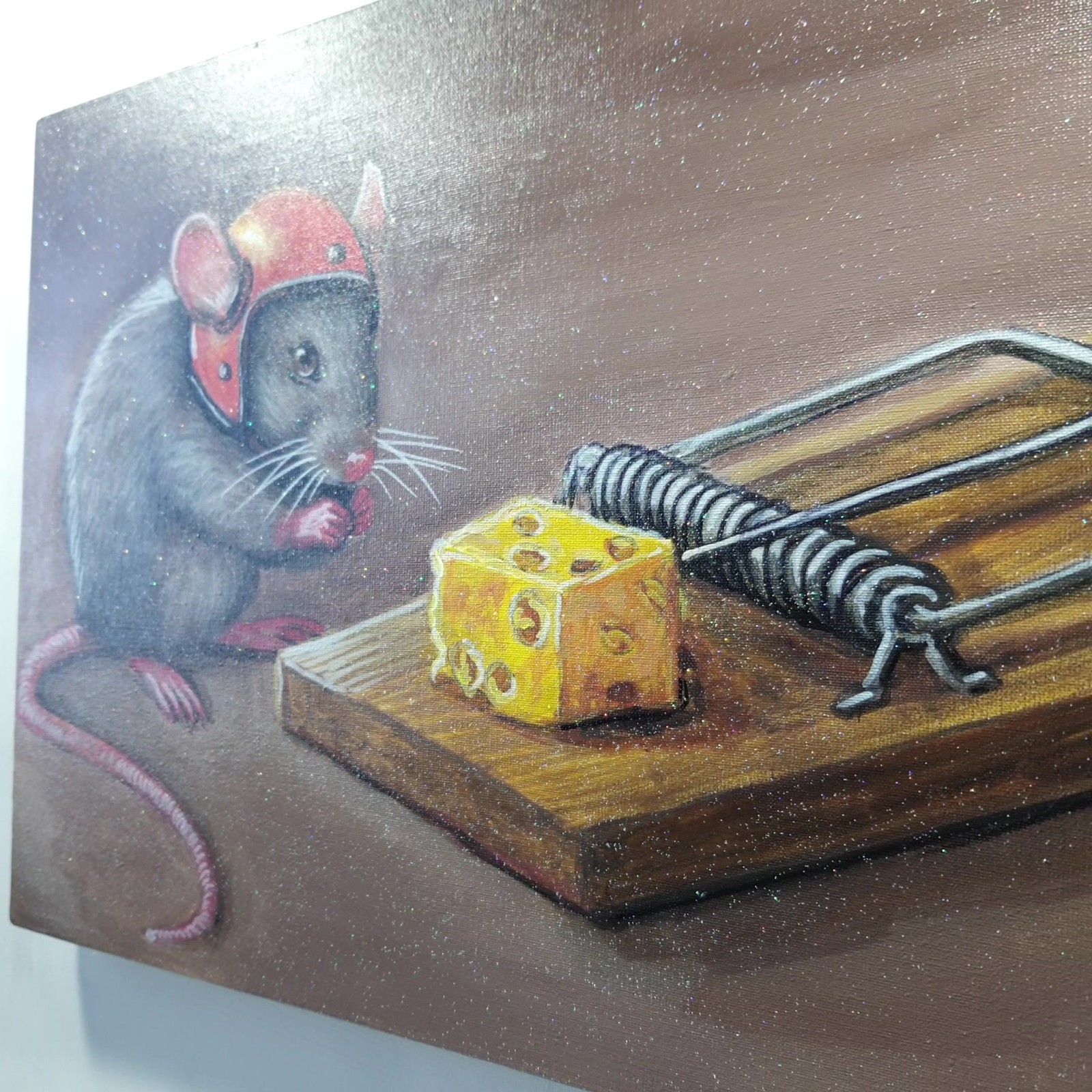 Brave Little Mouse and the Cheese Trap Funny Animal Painting Ukraine Artist