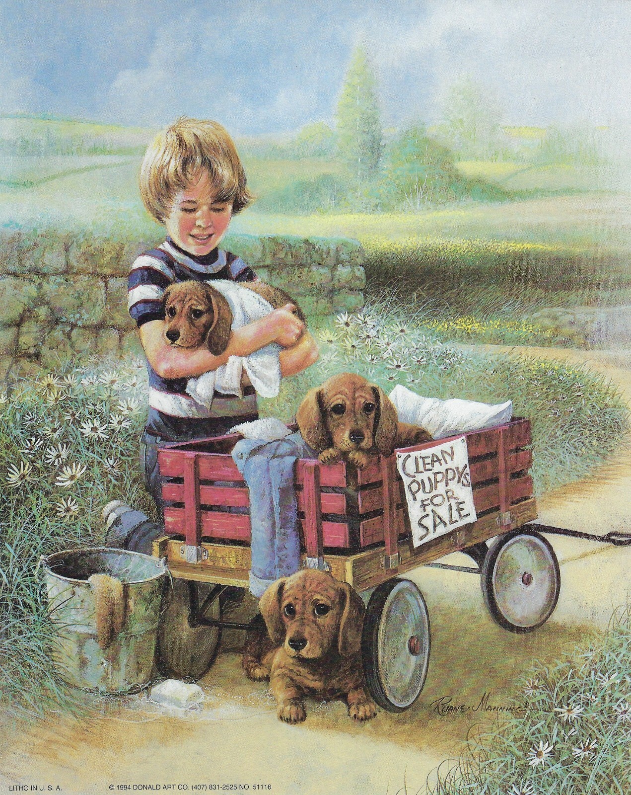 Vintage 8 x 10 Childs Wall Art Print Precious Little Boy Playing with Puppies