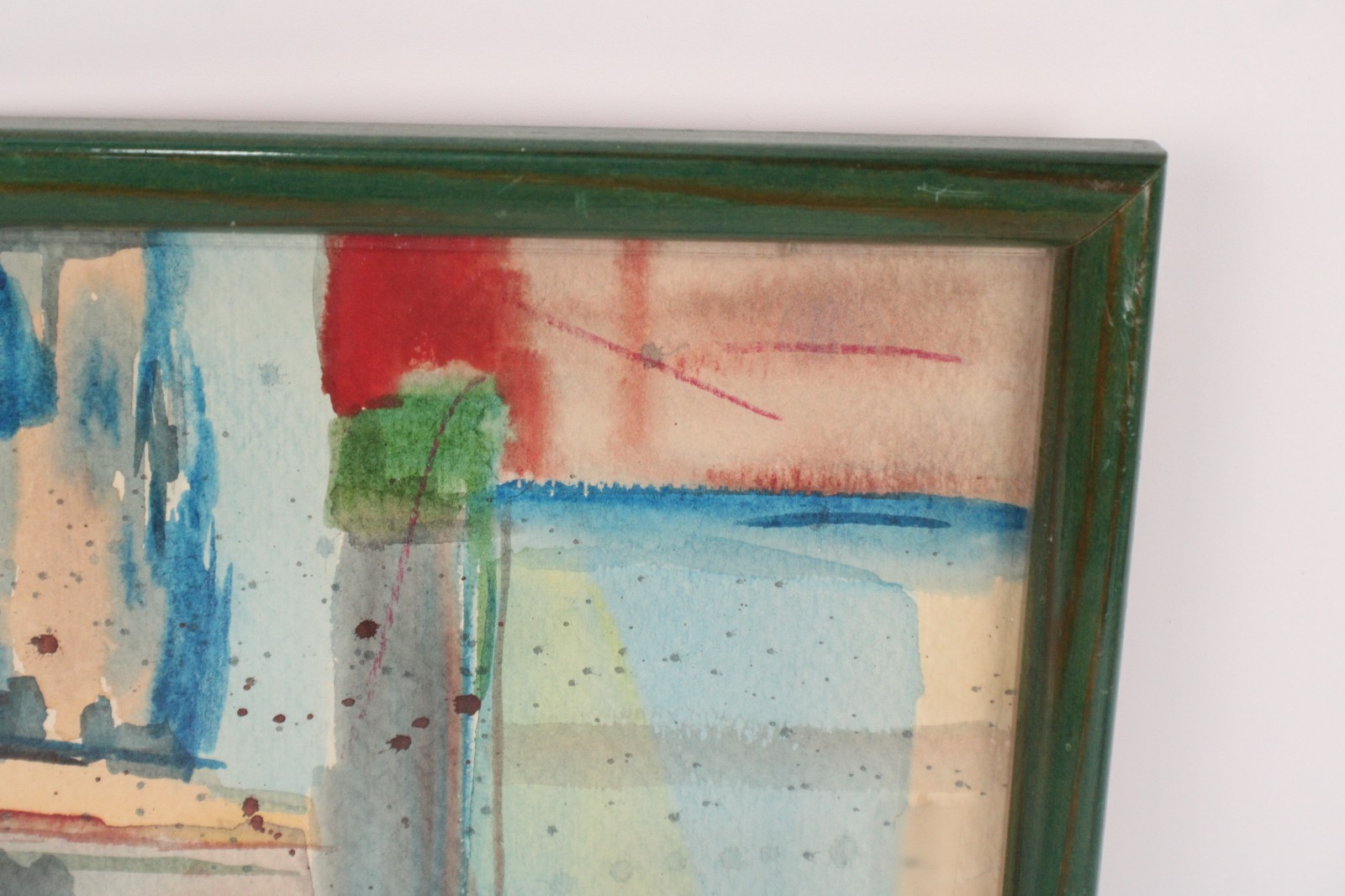 Mid Century Abstract Watercolor Painting On Paper Green Frame Unsigned