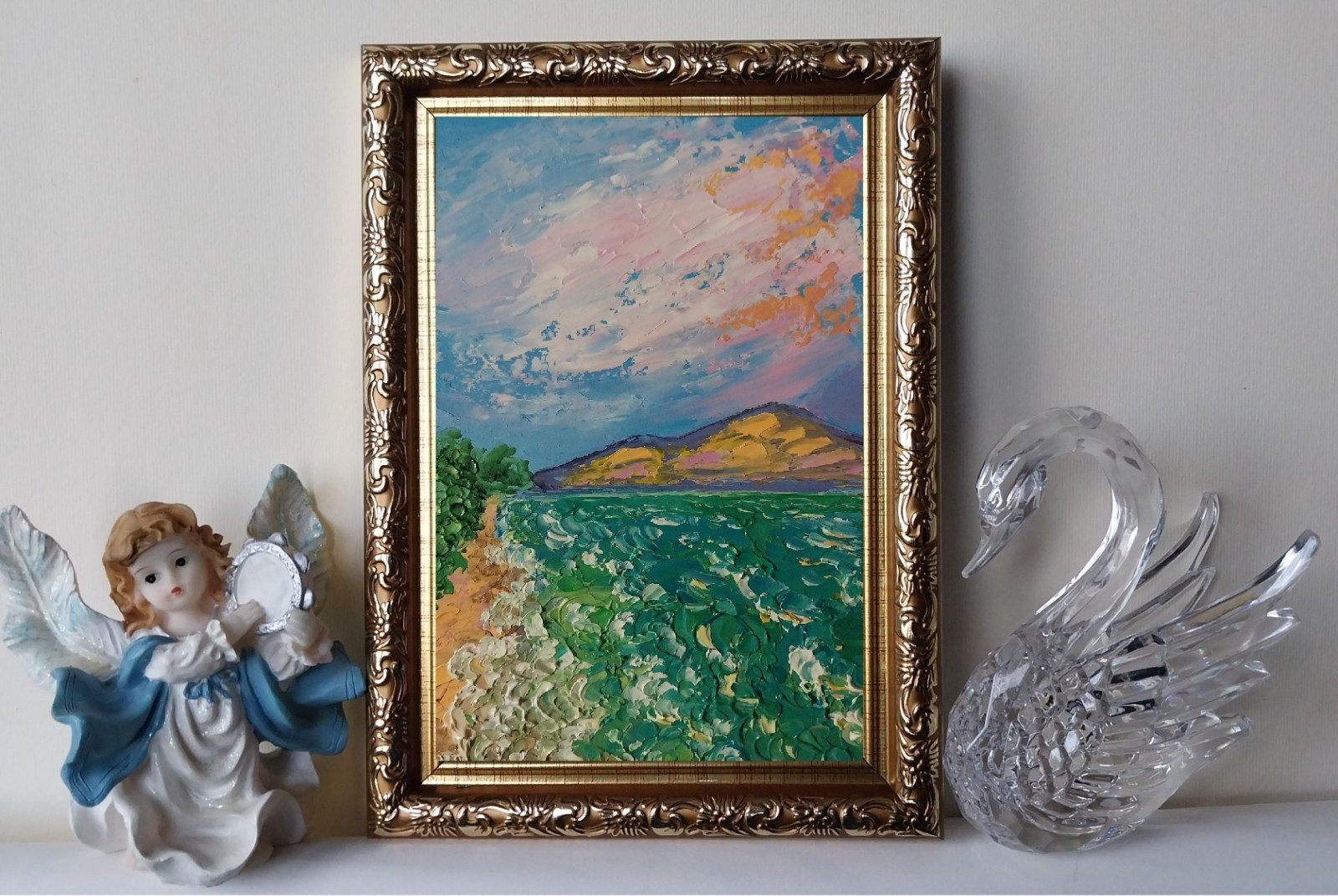 Framed Seascape Green Sea Seacoast Sunset Sky 4×6” Impasto Oil Painting Original