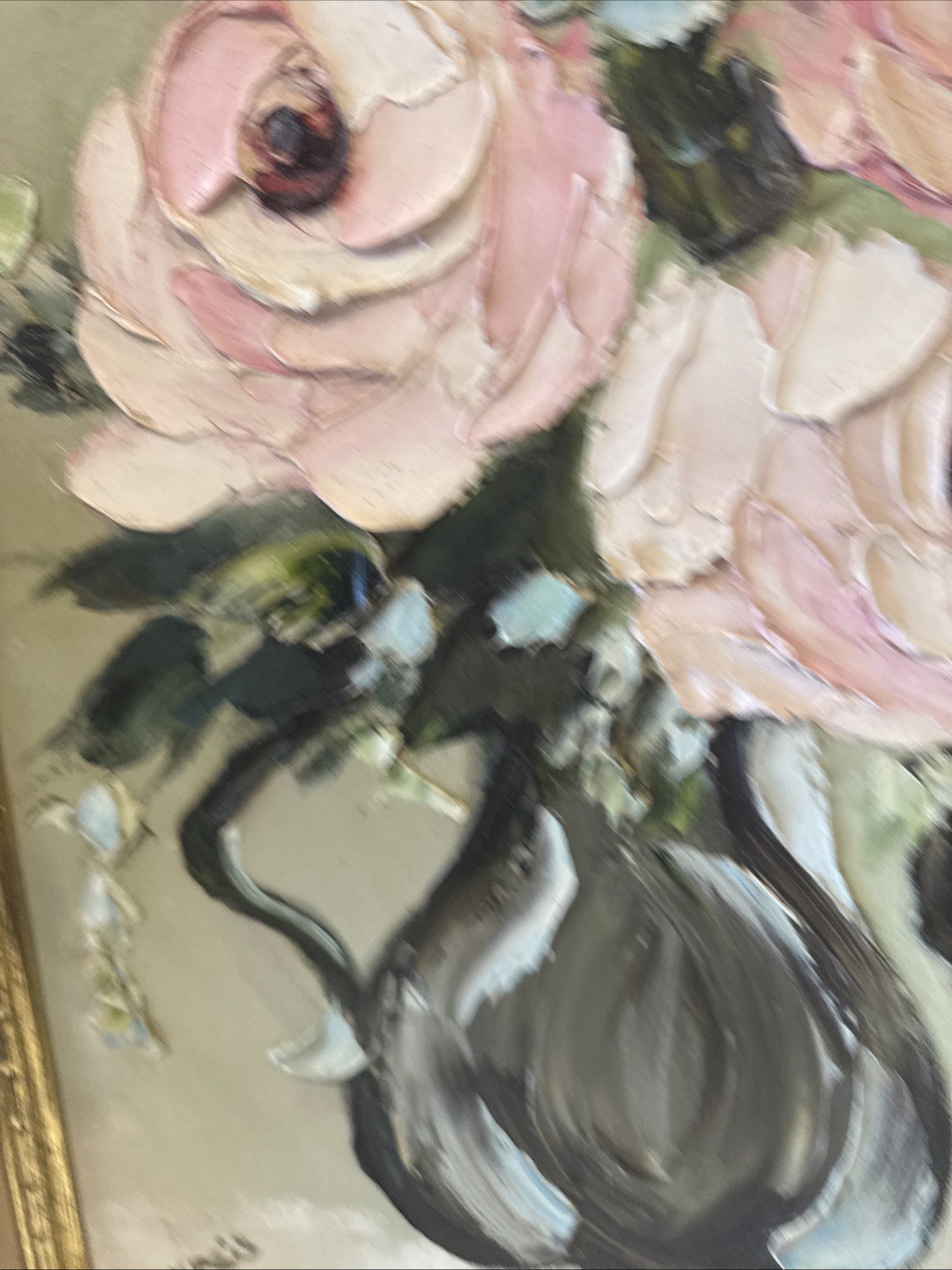 20×24” Large Signed Oil Painting Pink Blue Black Floral Flowers Vase Wood Frame