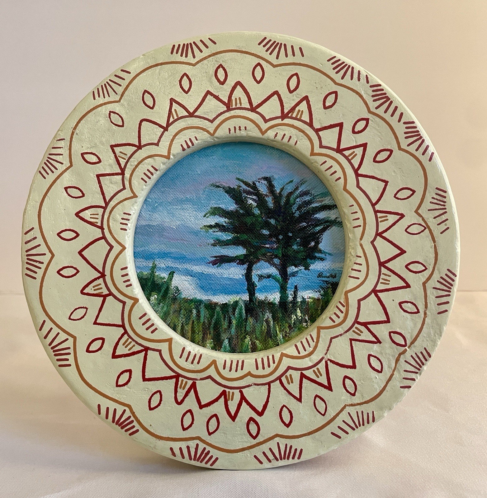 California Cypress Tree Painting Framed Round Coastal Landscape Wall Art