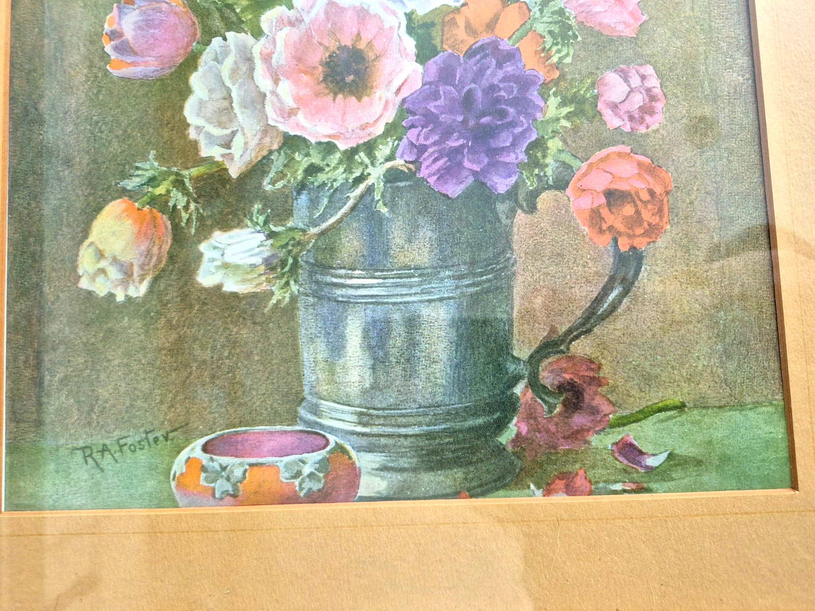 Vtg Artwork Framed Signed Still Life Watercolor Anemones In Pewter Jug Flower