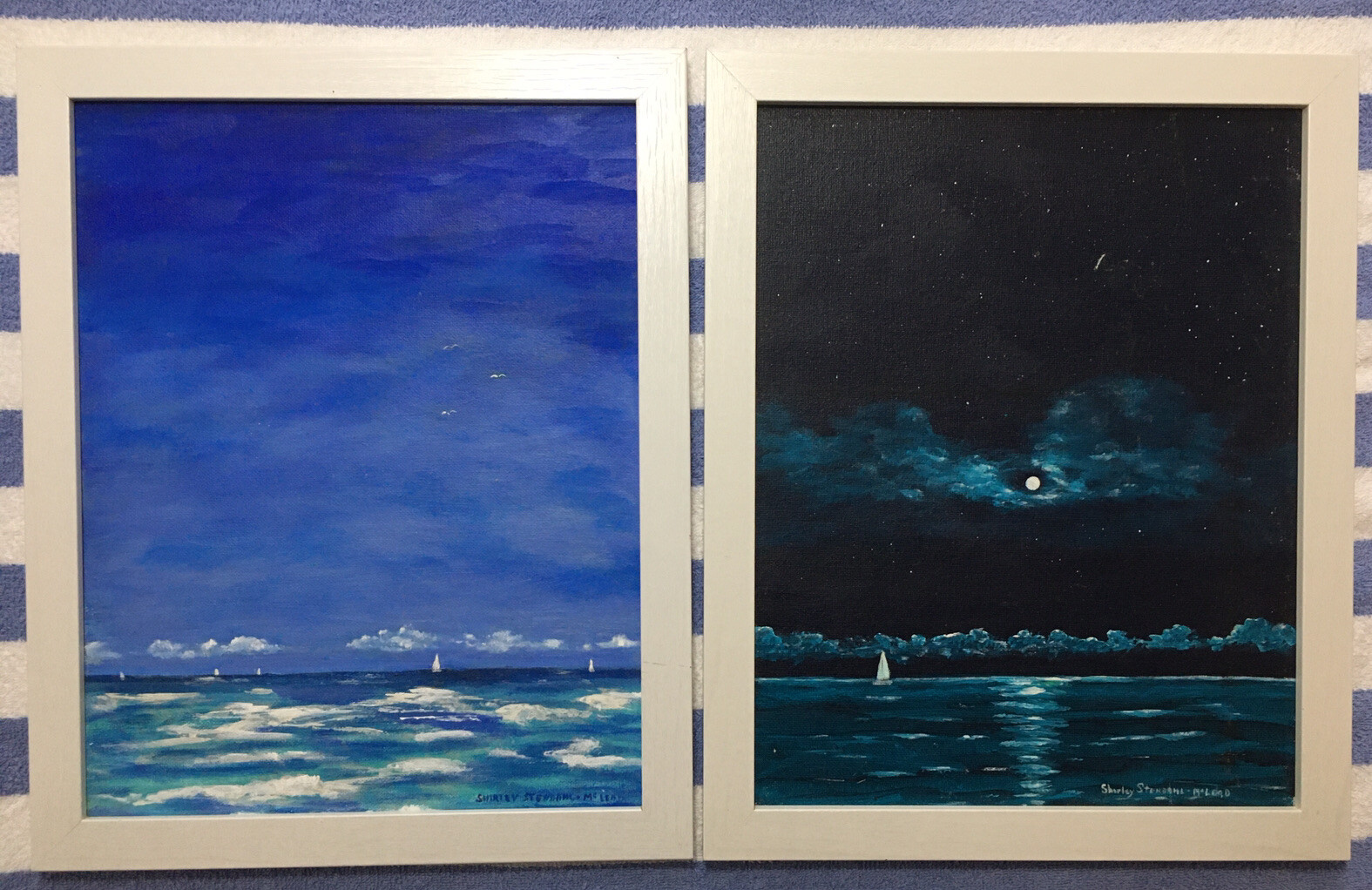 Set of 2 Original Oil Paintings on Canvas Board of Day & Night Long Island Sail