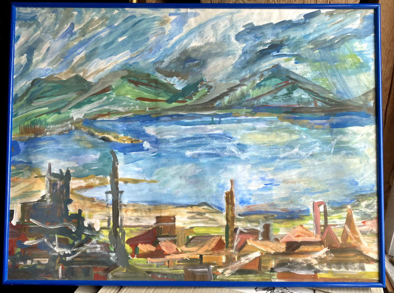 ::SEASIDE TOWN COAST °MOUNTAIN EXPRESSIONIST WATERS °INDISTINCTLY SIGNED