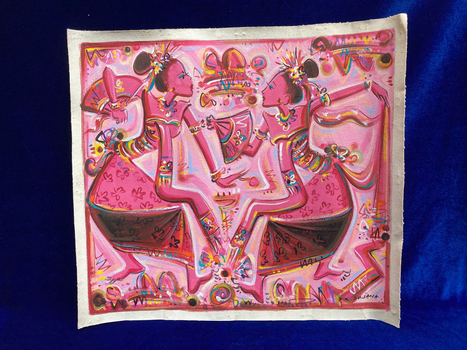 Original D.K. SUJANA Balinese Painting – Stylized Legong Dancers – 38 x 34 cm