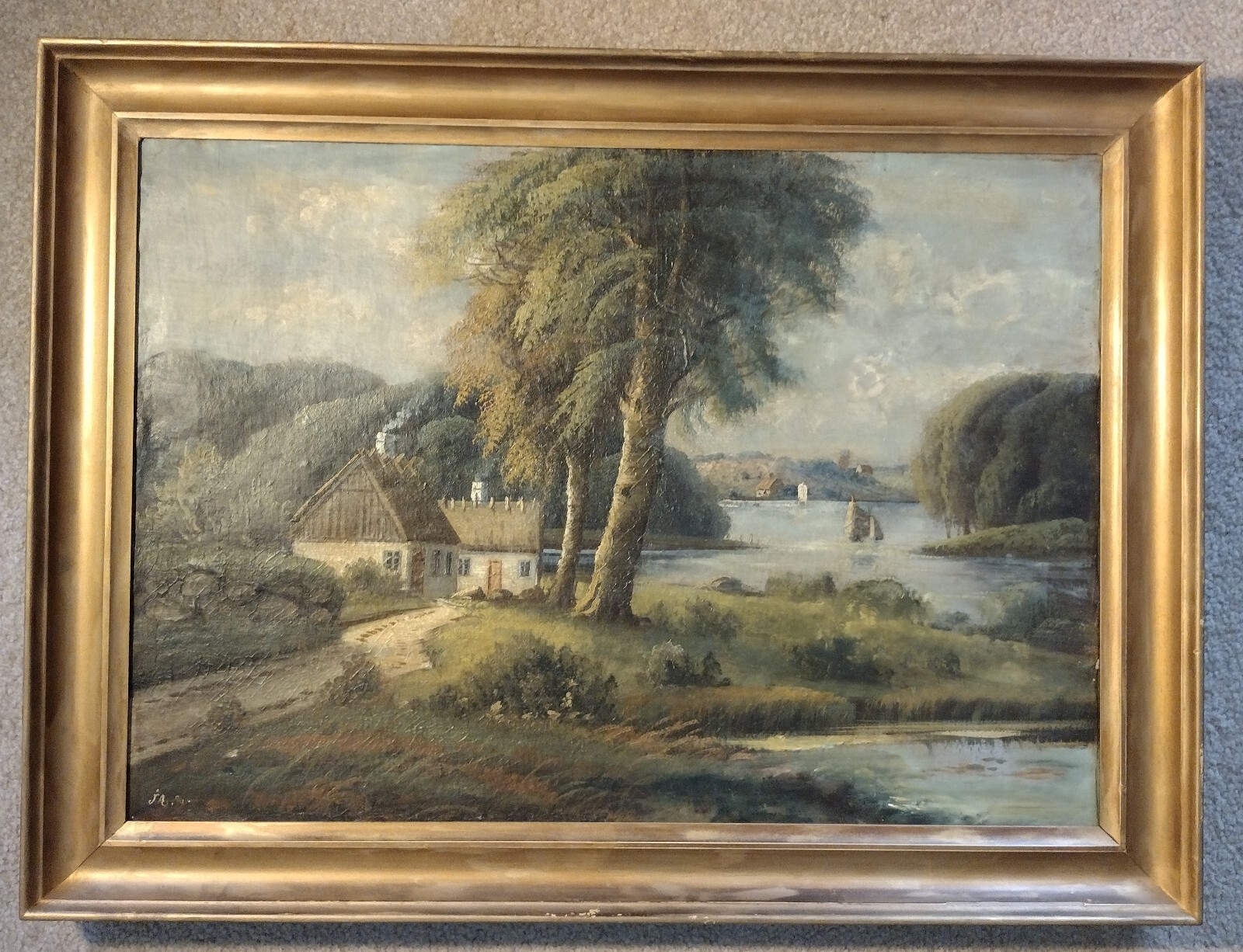 Antique 1898 Canvas Painting of English Cottage, 24 1/8″ x 17″