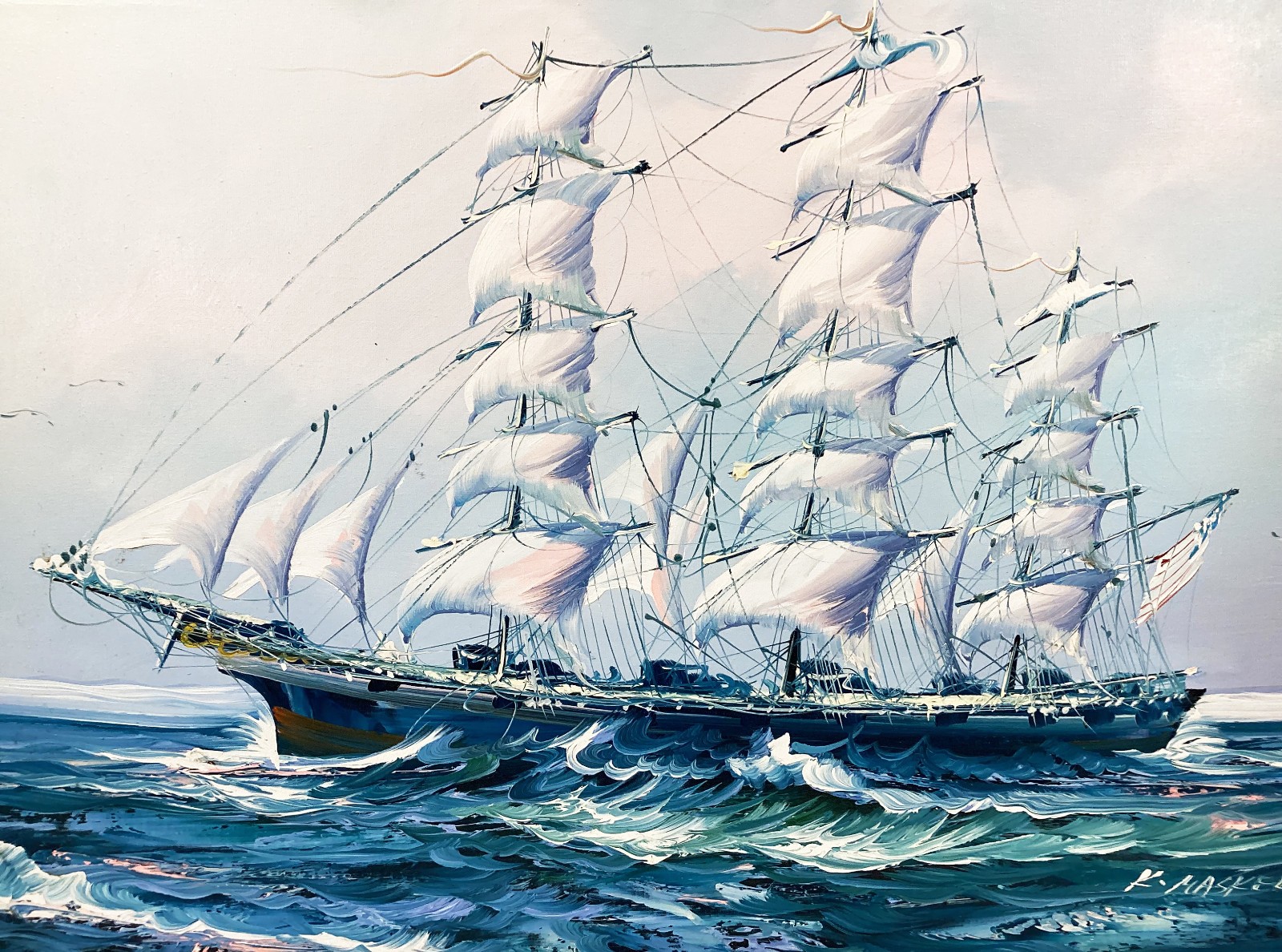 K.MASKELL SAILING SHIP ORIGINAL OIL ON CANVAS Nautical Framed 21×33