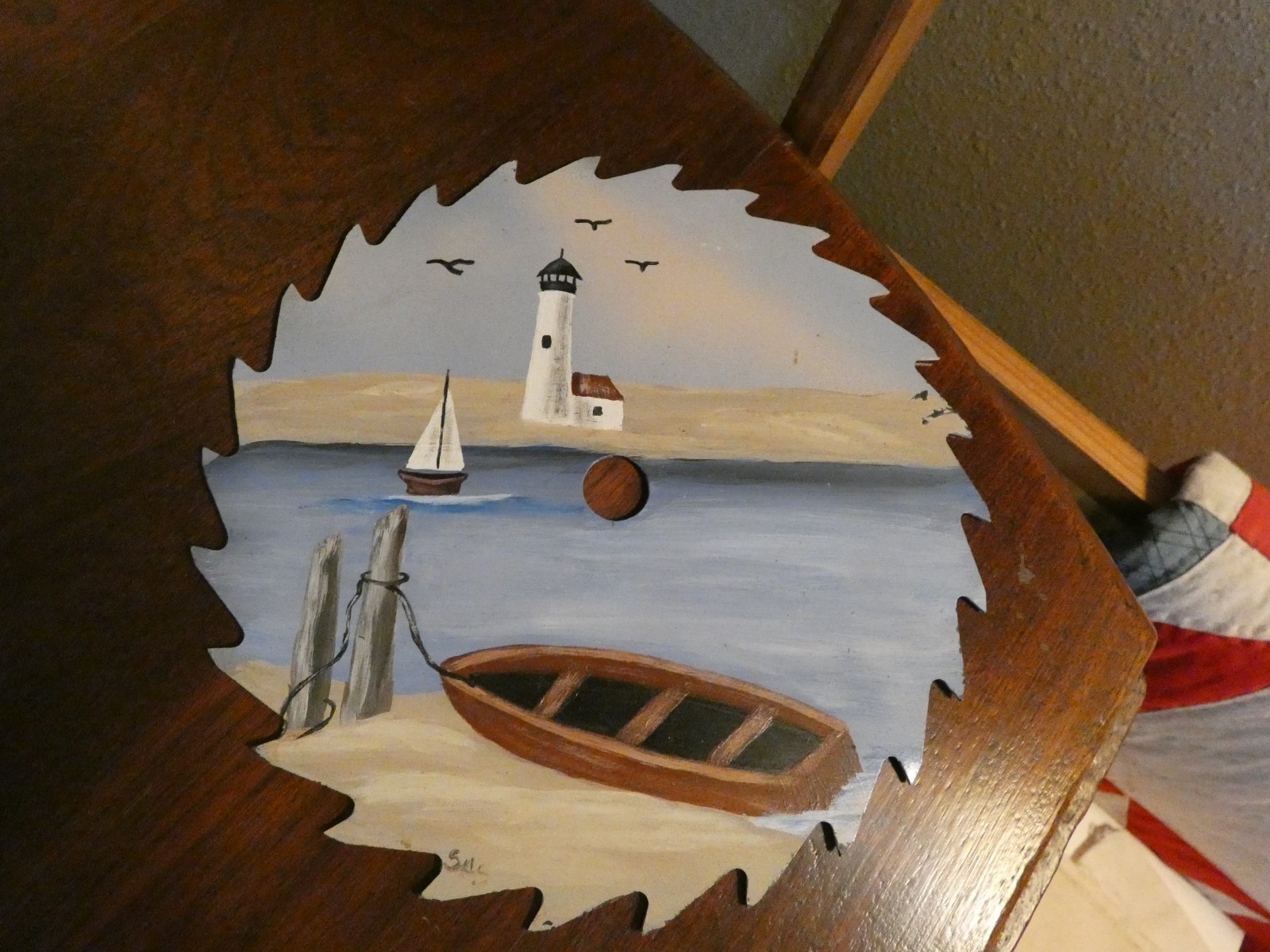 Saw Blade Original Oil Painting Artist Signed Lighthouse Reversible Lake