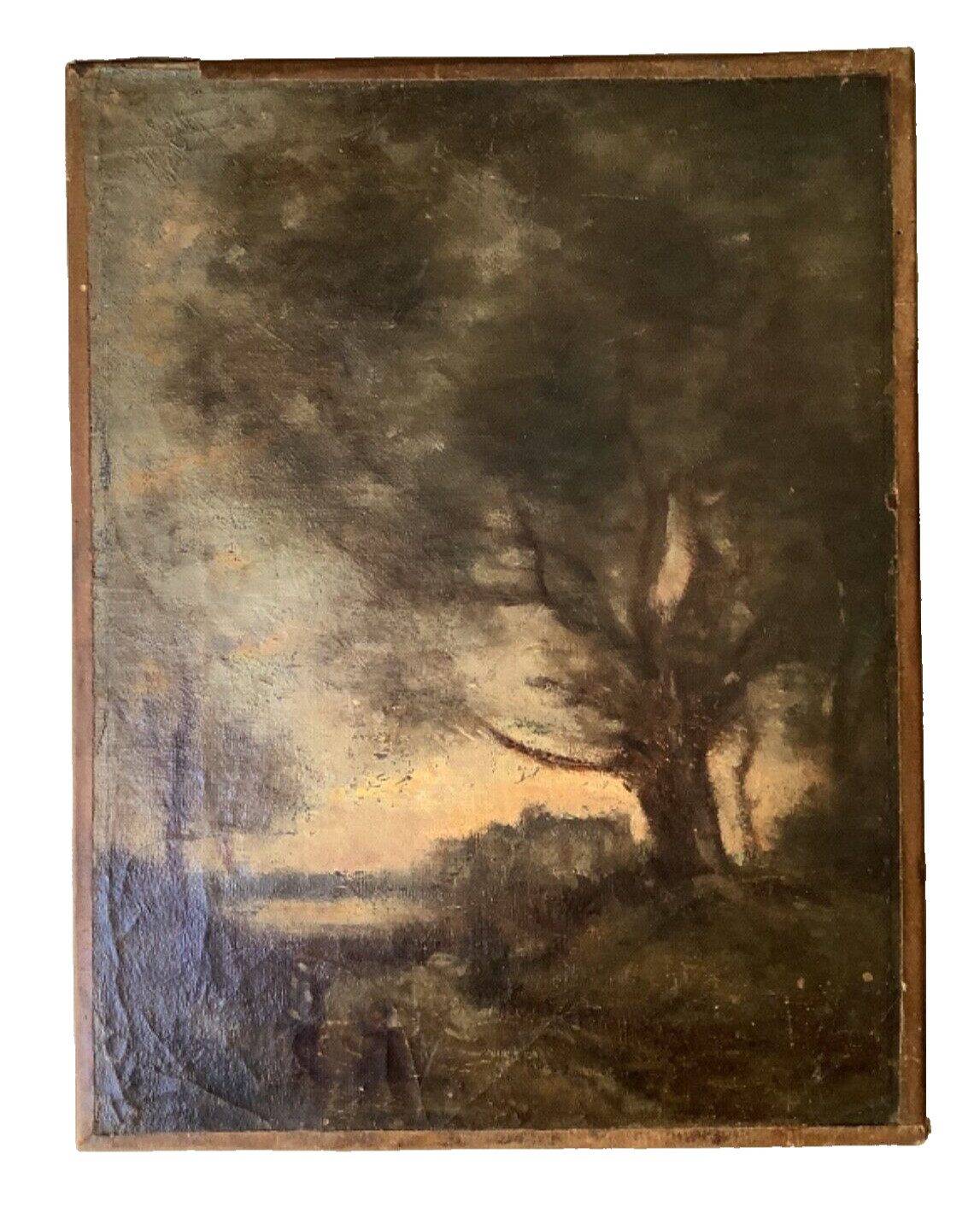 19th Century – French Barbizon – Sunset Landscape Pond City Avray – TROUILLEBERT