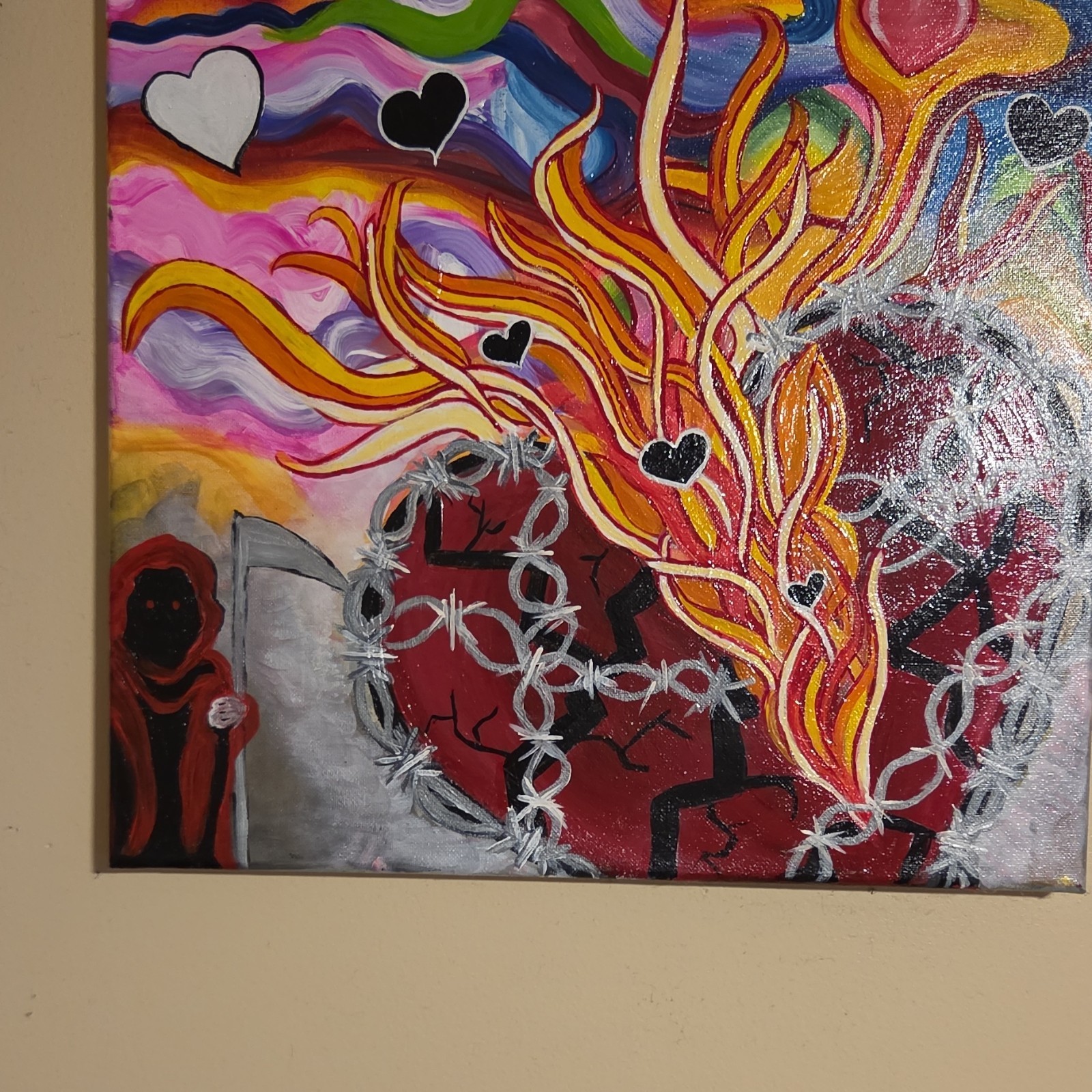 Hand-Painted Abstract Hearts Canvas Painting, Unframed Contemporary Wall Art