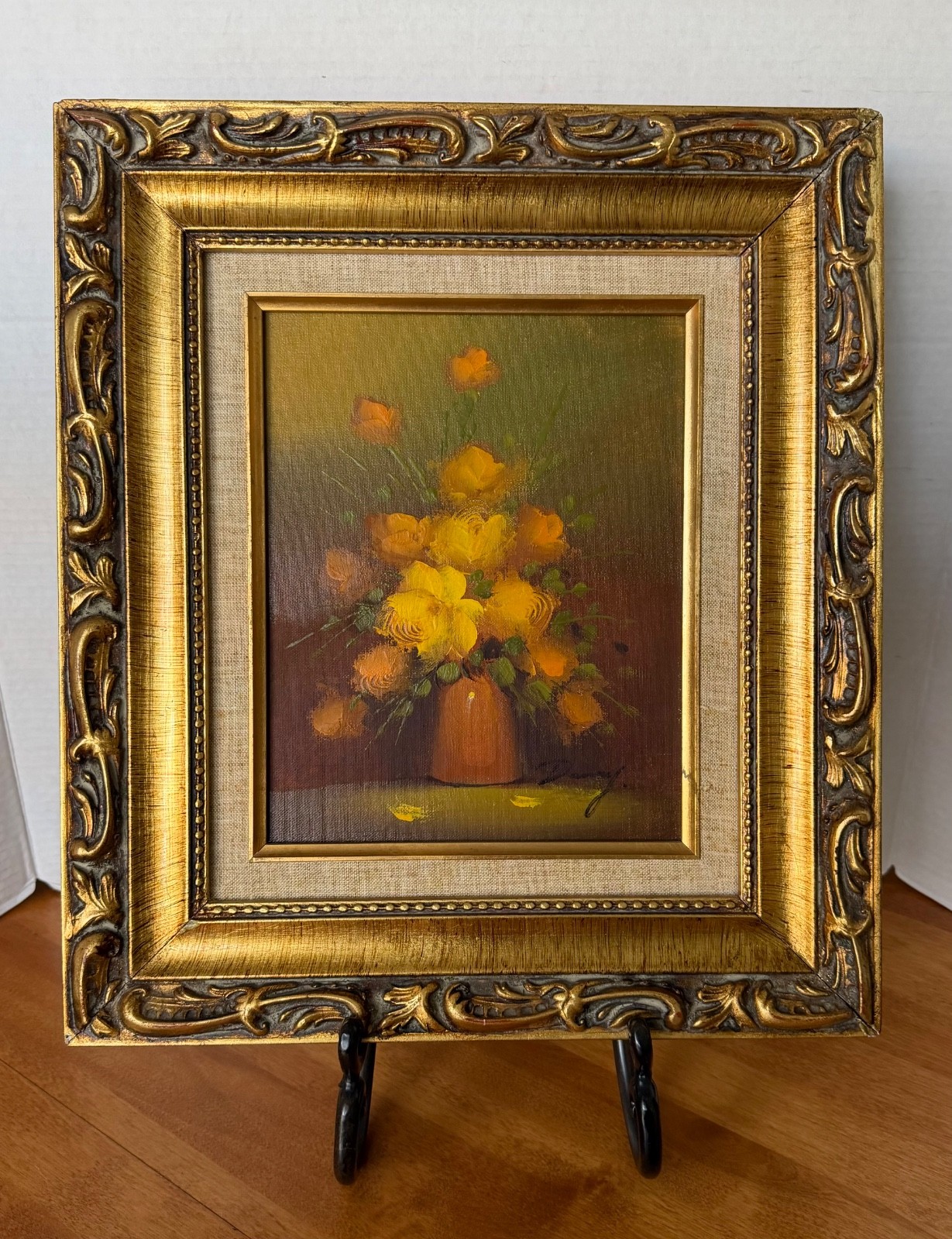 Original Floral Still Life Oil Painting on Board in Ornate Gilt Frame. Signed