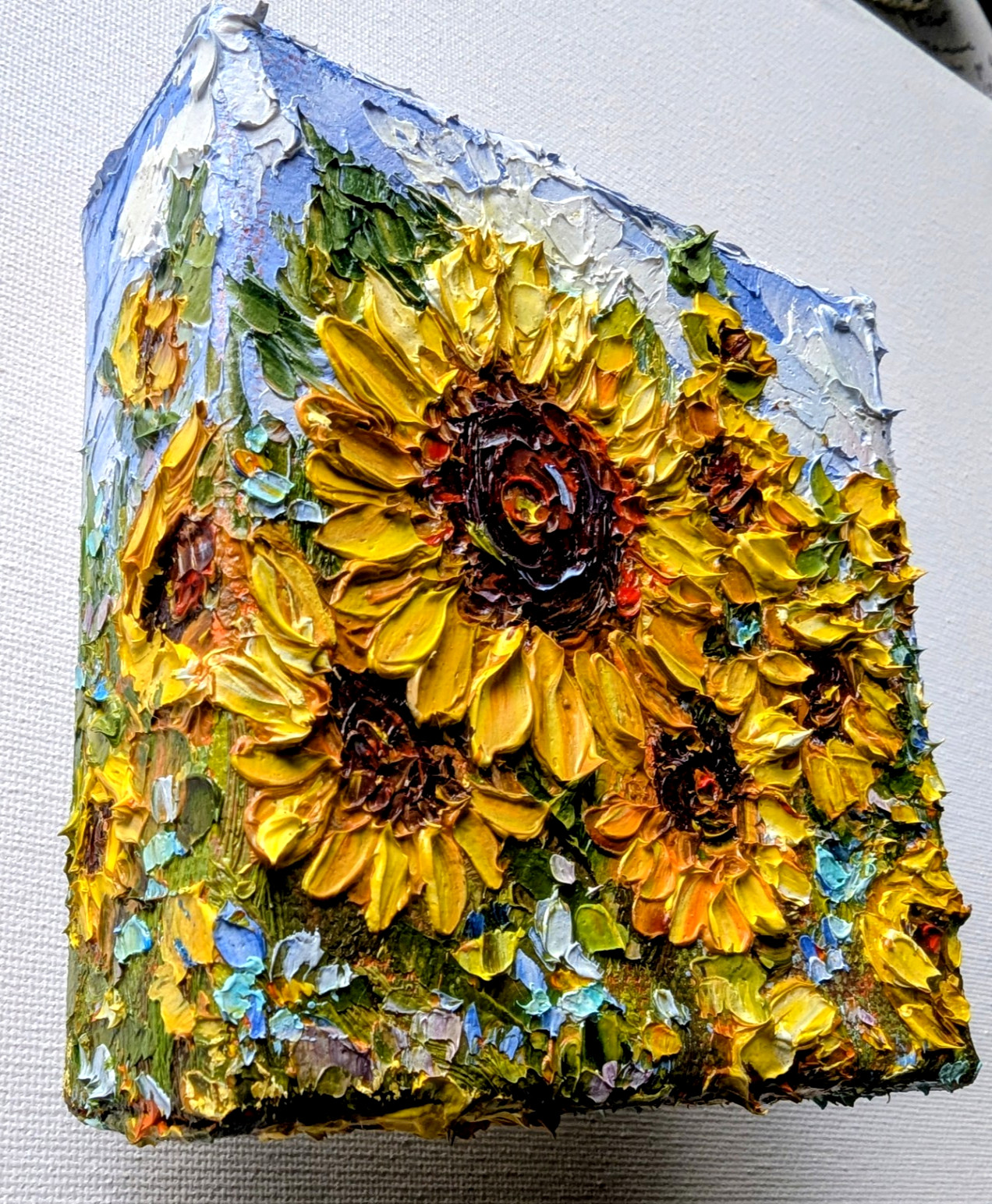 ORIGINAL OIL impasto Painting «Sunflowers» 4″X4″ X 1.5″ by Olga Diduh.