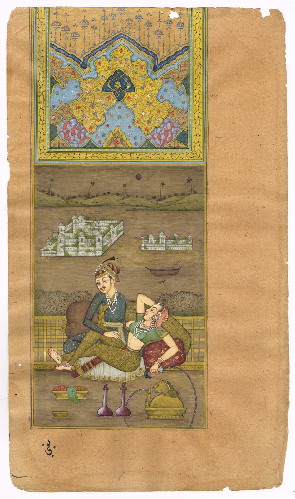 Mughal Miniature Painting Of Mughal King And Queen Love Scene Art 6.5×11 Inches