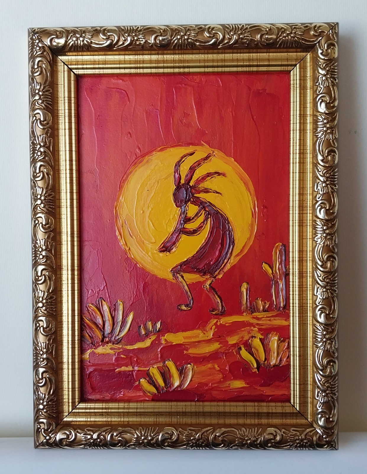 Framed Kokopelli Art Native American Southwest Art 4×6 in Original Oil Painting