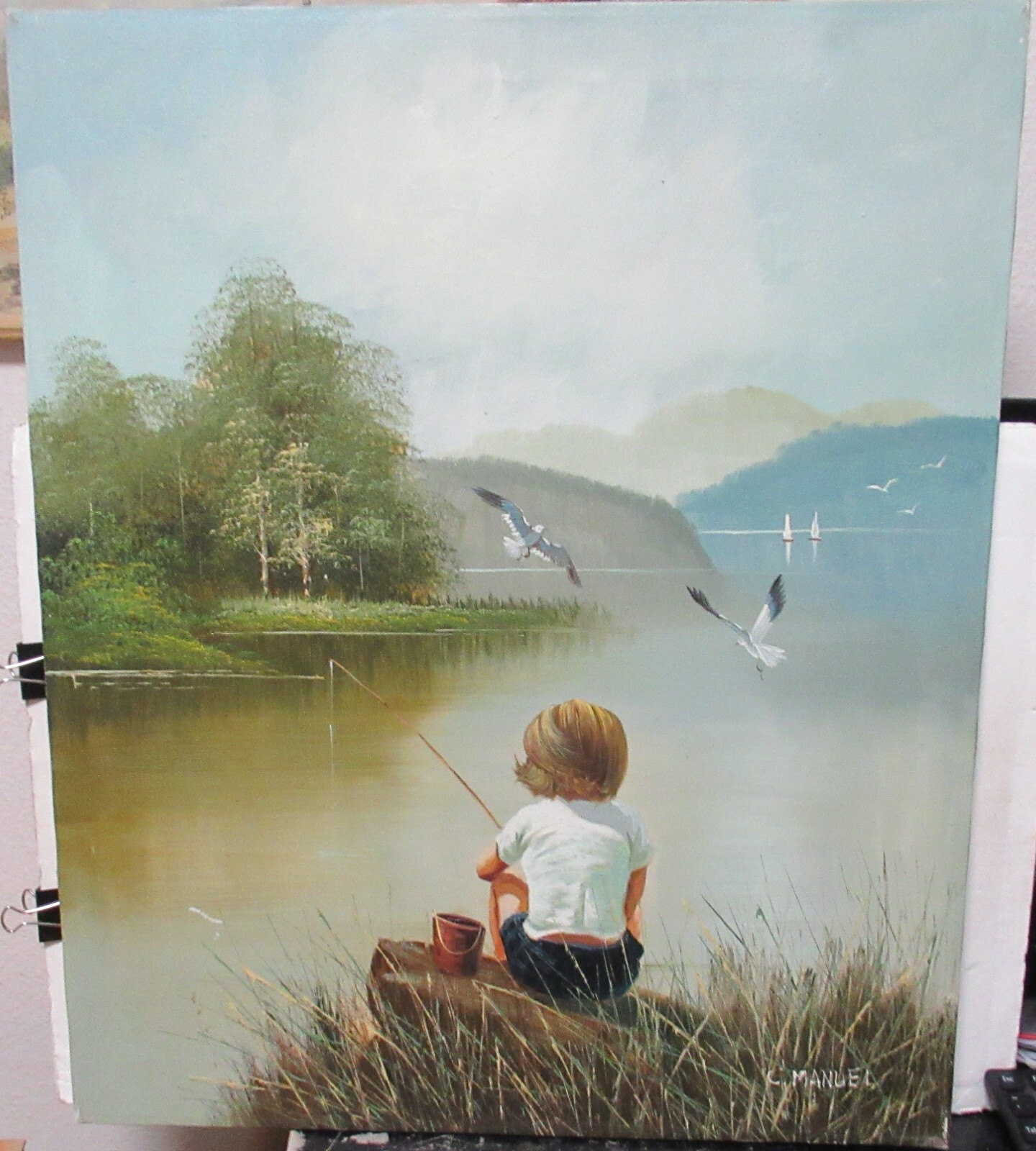 C.MANUEL BOY FISHING OIL ON CANVAS RIVER BIRDS LANDSCAPE PAINTING UNFRAMED