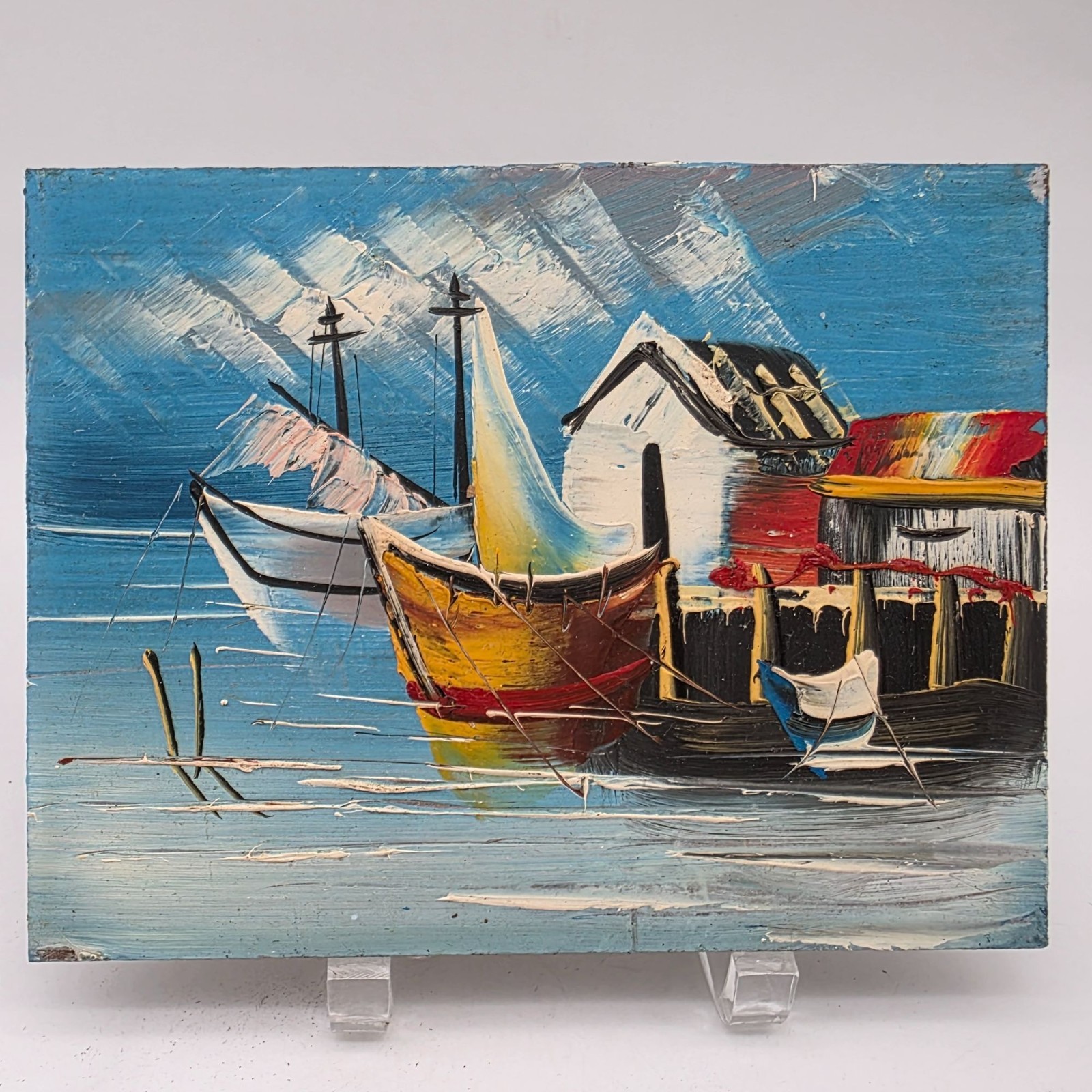 Vintage Coastal Oil Painting On Canvas With Boats And Dock 8.5″x6.5″