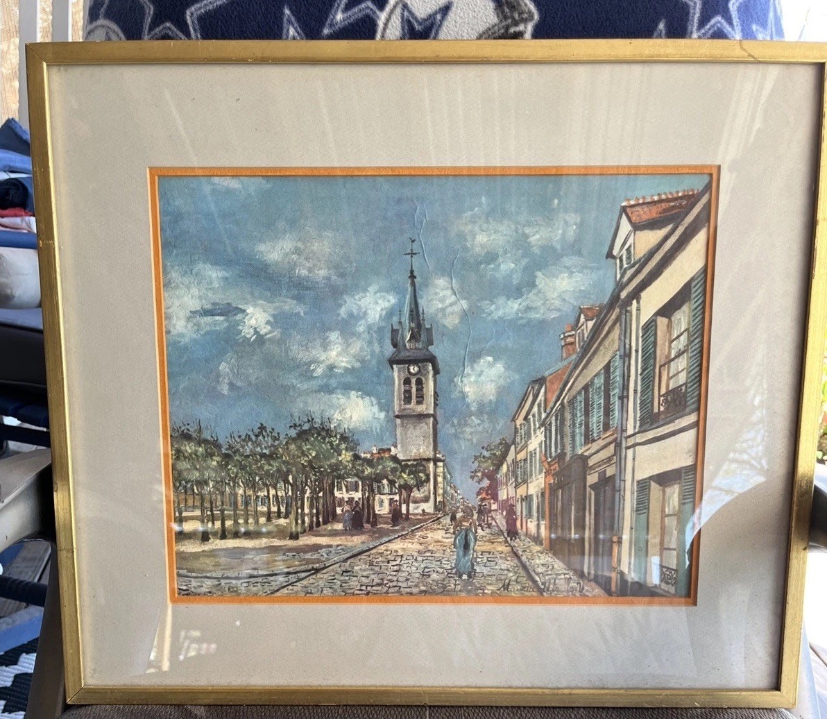 Maurice Utrillo Style Print Featuring A Street Scene With A Church Tower.