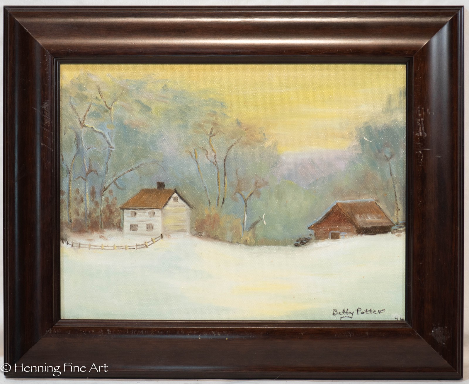 Vintage Naive Folk Painting Winter Landscape Sunrise Betty Potter 12.75×15.75″