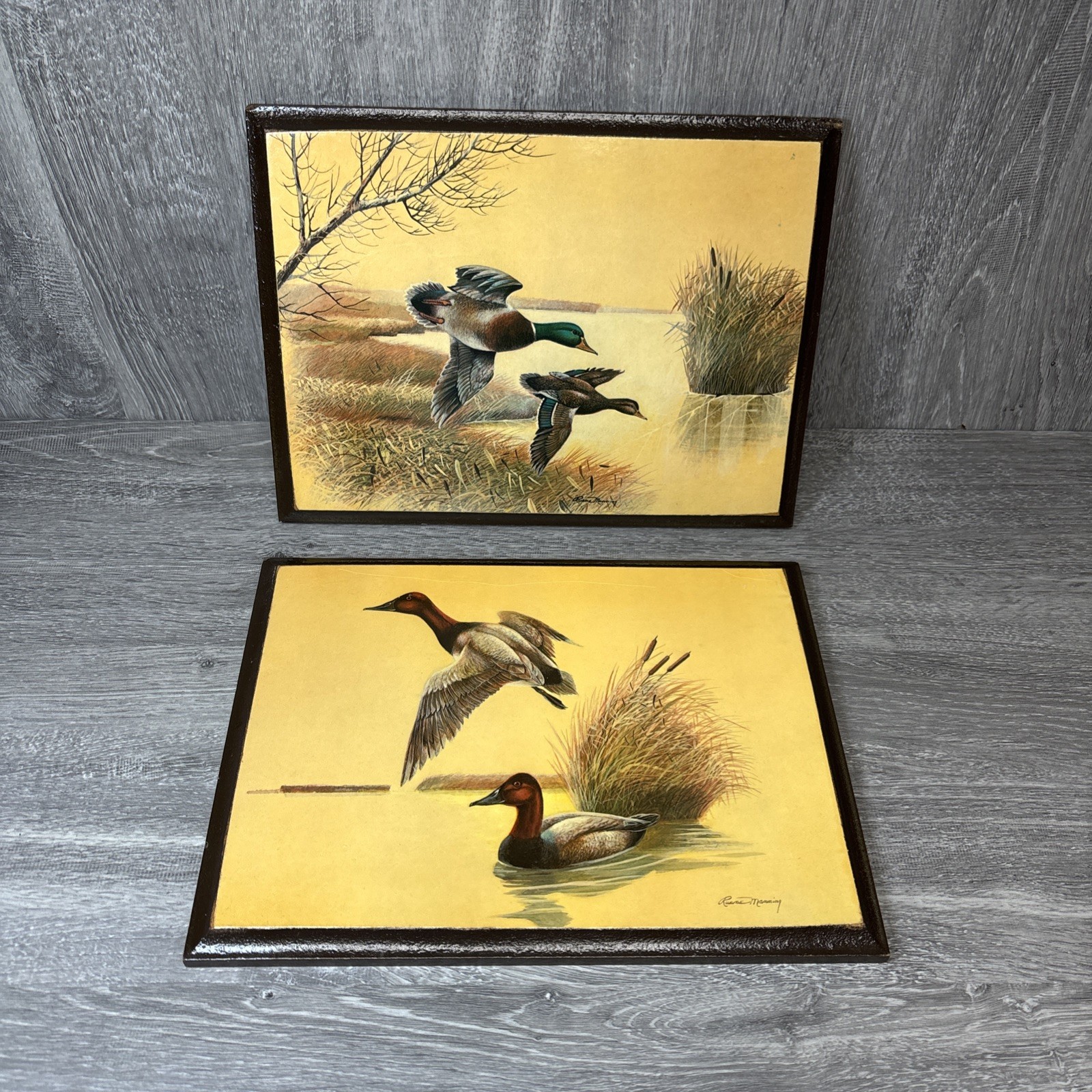 Vintage Ruane Manning Signed Ducks Wood Glazed 12×9 Nature USA 70’s MCM Decor NY