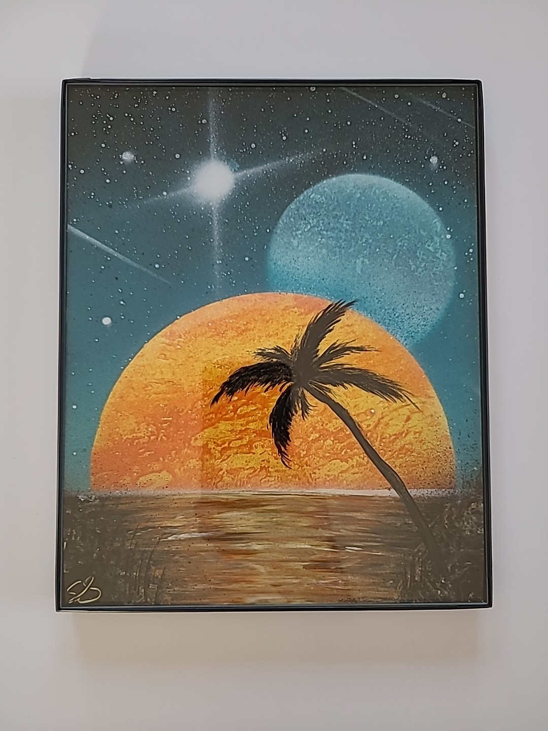 Outer Space Sunset And Planet Original Spray Paint Art 8×10 Framed