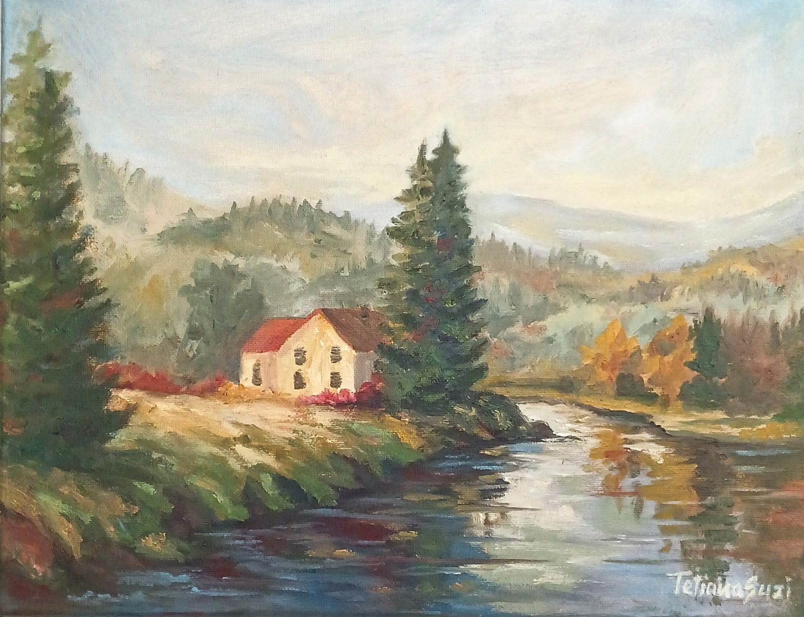 House by the River ORIGINAL Oil Painting Vintage Forest Country 11″x14″
