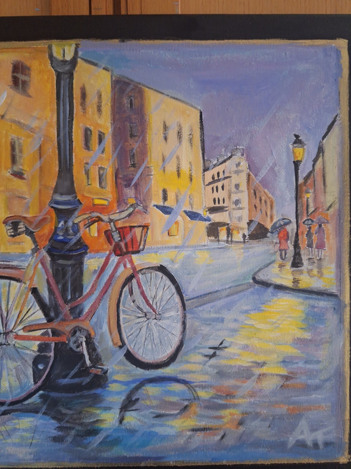 Original Painting 12×12 Rainy Bicycle Acrylic Canvas Signed Contemporary Decor